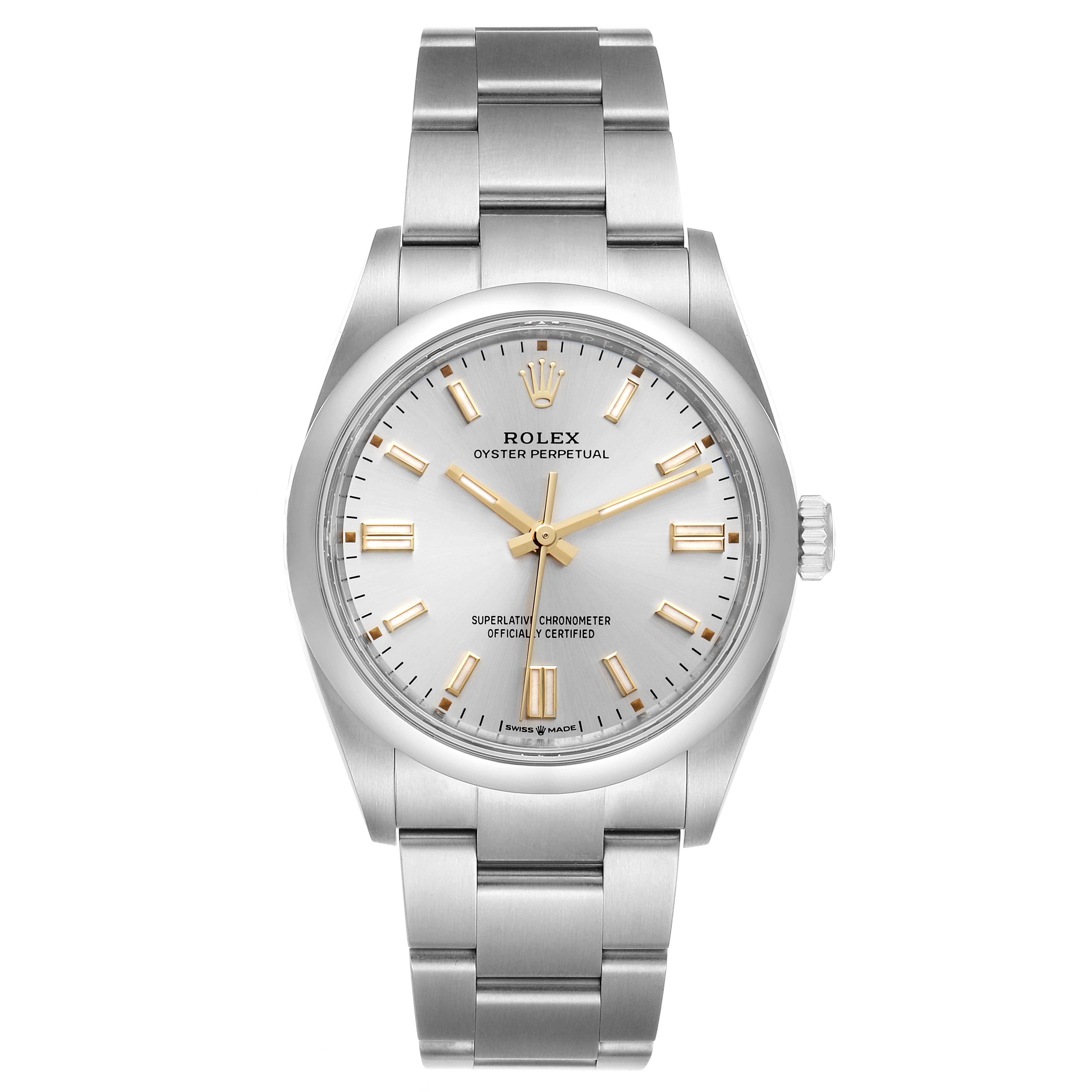 This image shows a front view of a Rolex Oyster Perpetual 126000 Men's Stainless Steel Silver Dial 126000 Men's Stainless Steel Silver Dial watch, highlighting its dial, bracelet, and crown.