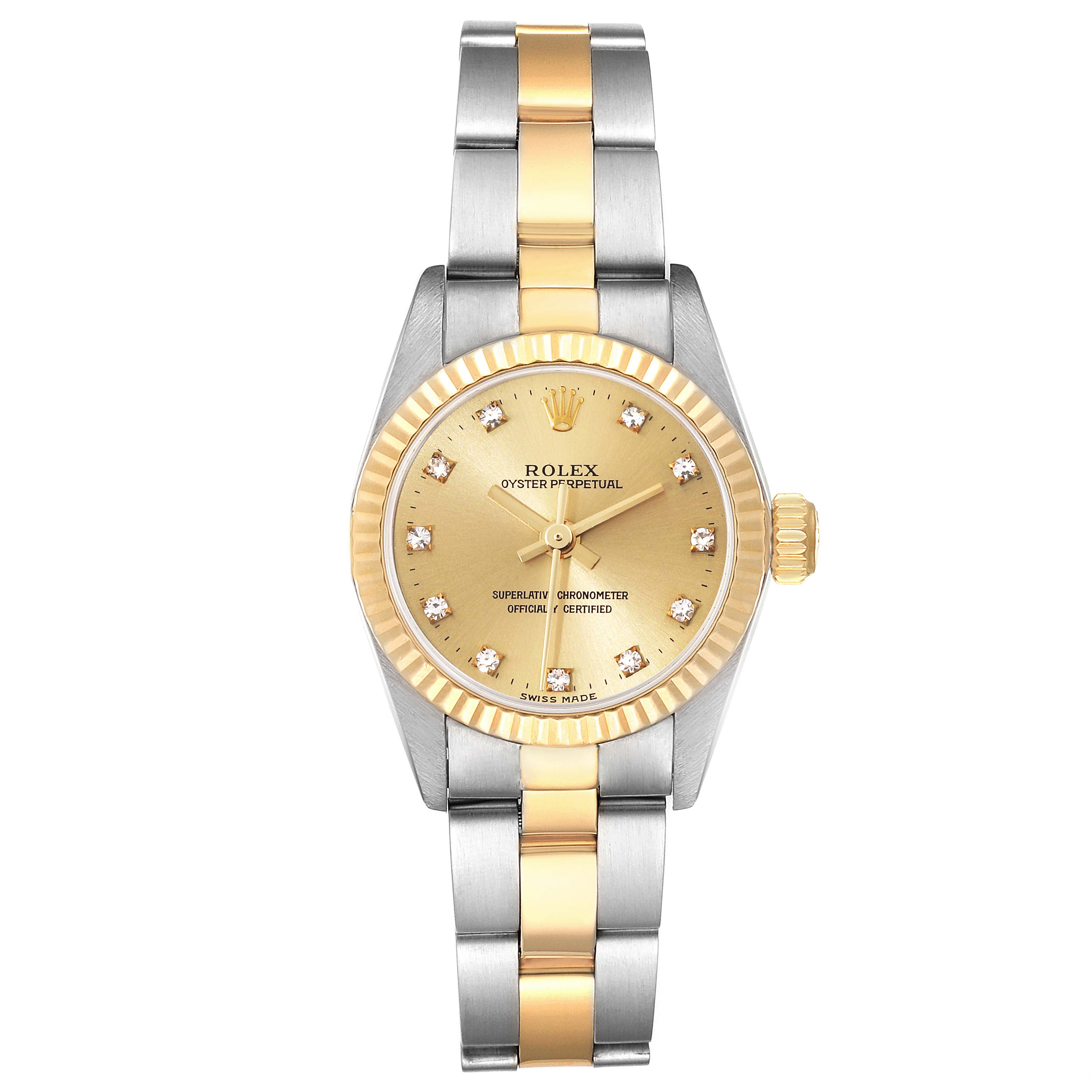 The Rolex Oyster Perpetual 67193 Women's Steel and Gold (two tone) Champagne Dial 67193 Women's Steel and Gold (two tone) Champagne Dial watch is shown from the front, displaying the face, bezel, and bracelet in two-tone metal.