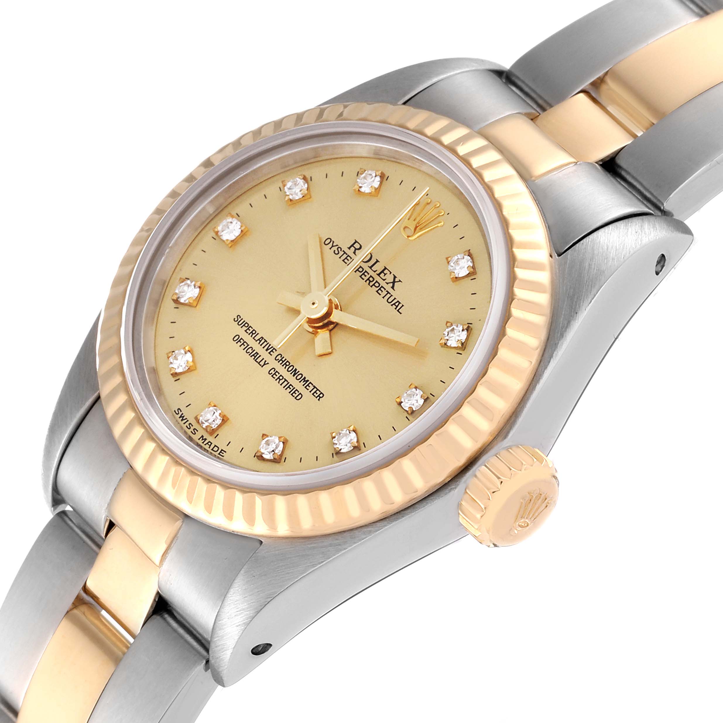 The watch, a Rolex Oyster Perpetual 67193 Women's Steel and Gold (two tone) Champagne Dial 67193 Women's Steel and Gold (two tone) Champagne Dial, is shown at an angled close-up, highlighting the gold dial, bezel, crown, and two-tone bracelet.
