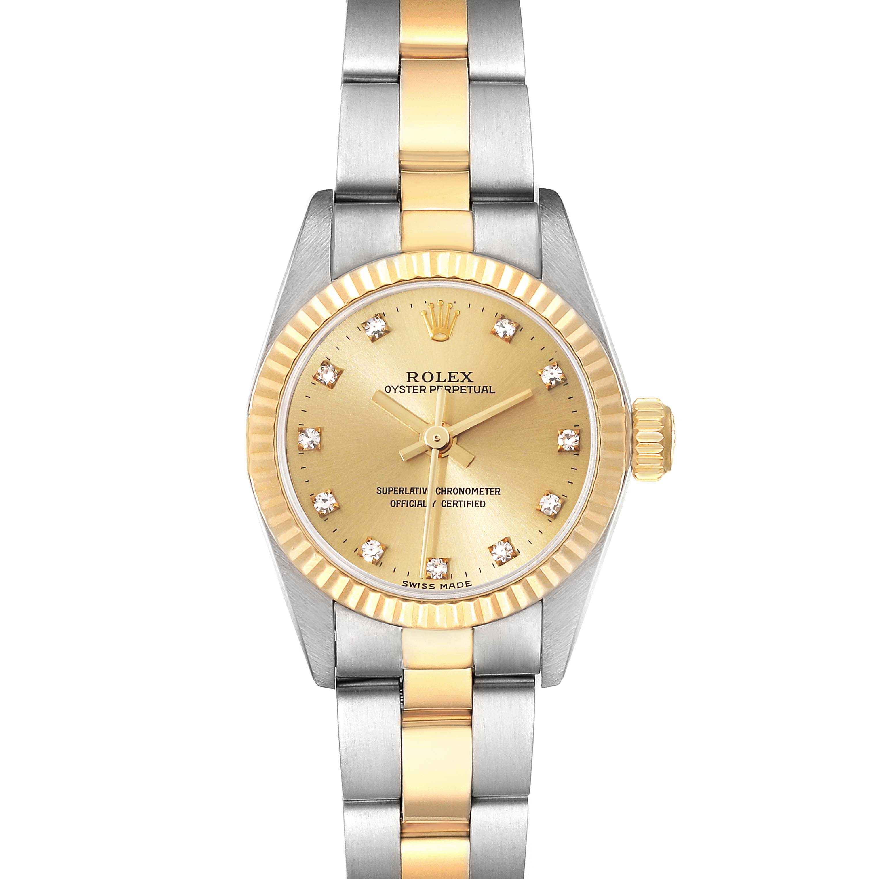 The image shows a front view of a Rolex Oyster Perpetual 67193 Women's Steel and Gold (two tone) Champagne Dial 67193 Women's Steel and Gold (two tone) Champagne Dial watch with a gold dial and two-tone metal bracelet.