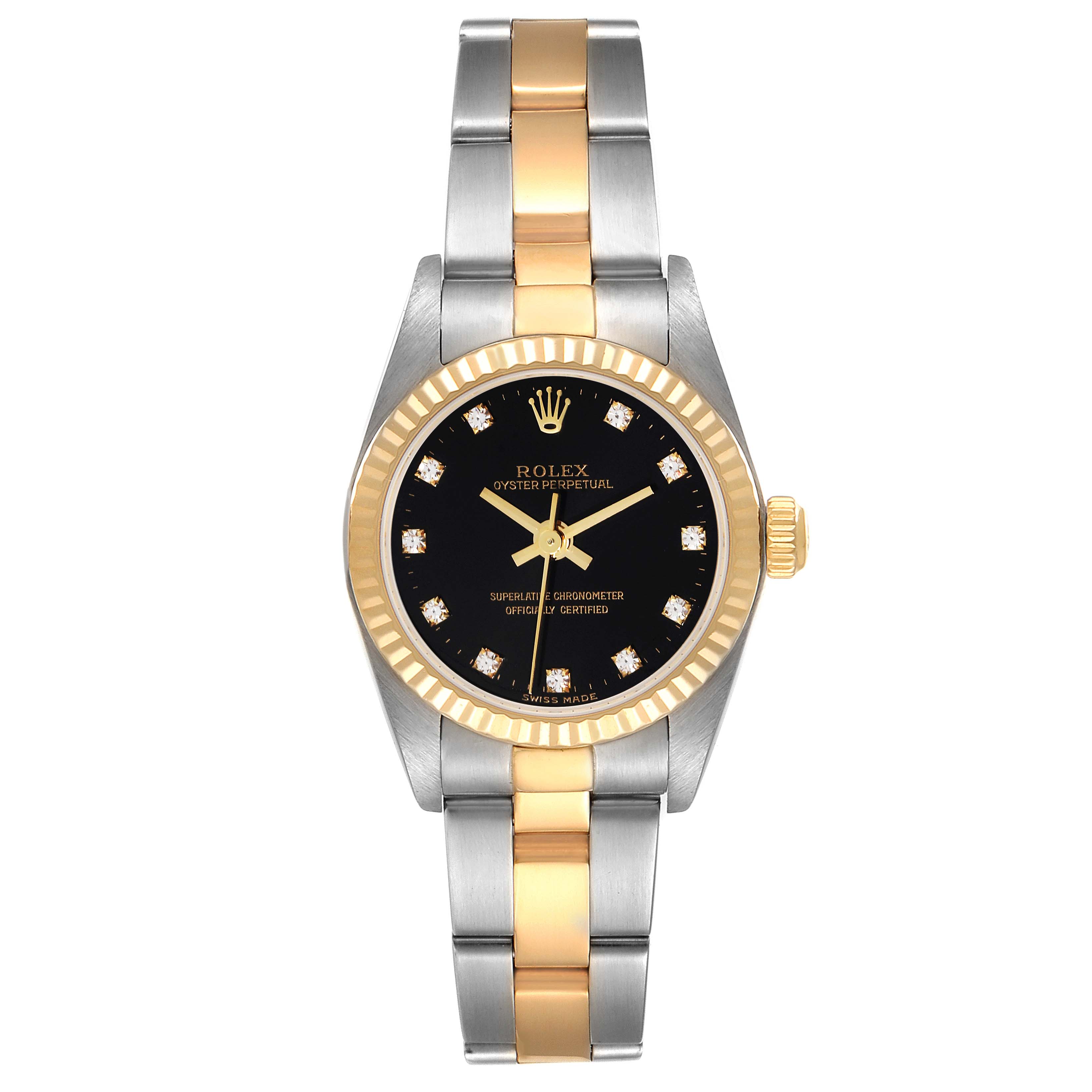 This image shows a Rolex Oyster Perpetual 76193 Women's Steel and Gold (two tone) Black Dial 76193 Women's Steel and Gold (two tone) Black Dial watch from the front, displaying its two-tone bracelet, black dial, and diamond hour markers.
