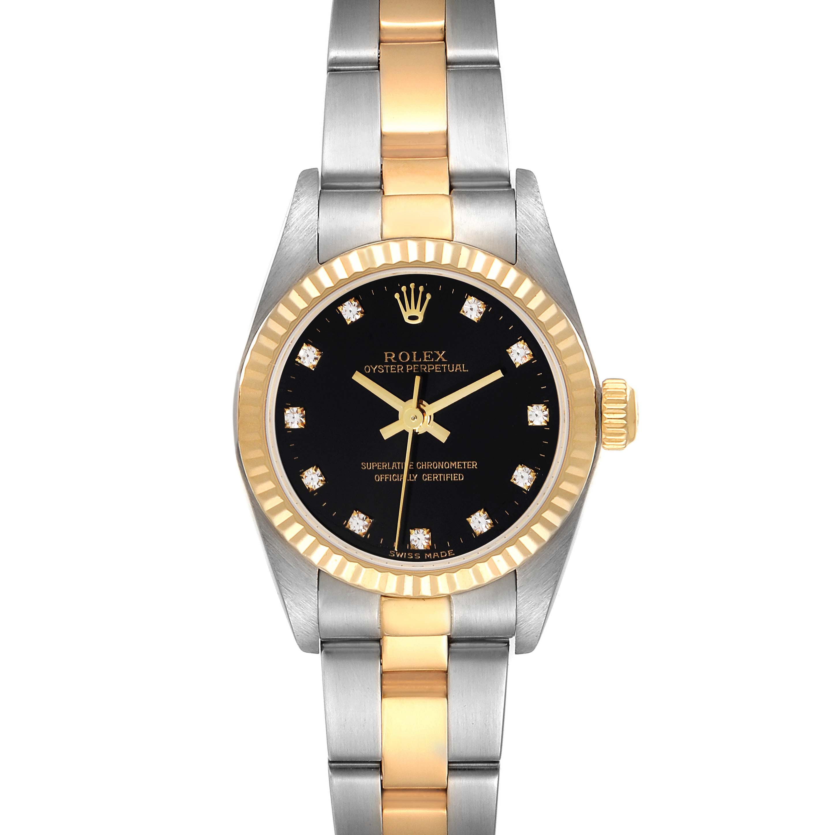 This image shows a Rolex Oyster Perpetual 76193 Women's Steel and Gold (two tone) Black Dial 76193 Women's Steel and Gold (two tone) Black Dial watch from a front angle, displaying the dial, bezel, and bracelet.