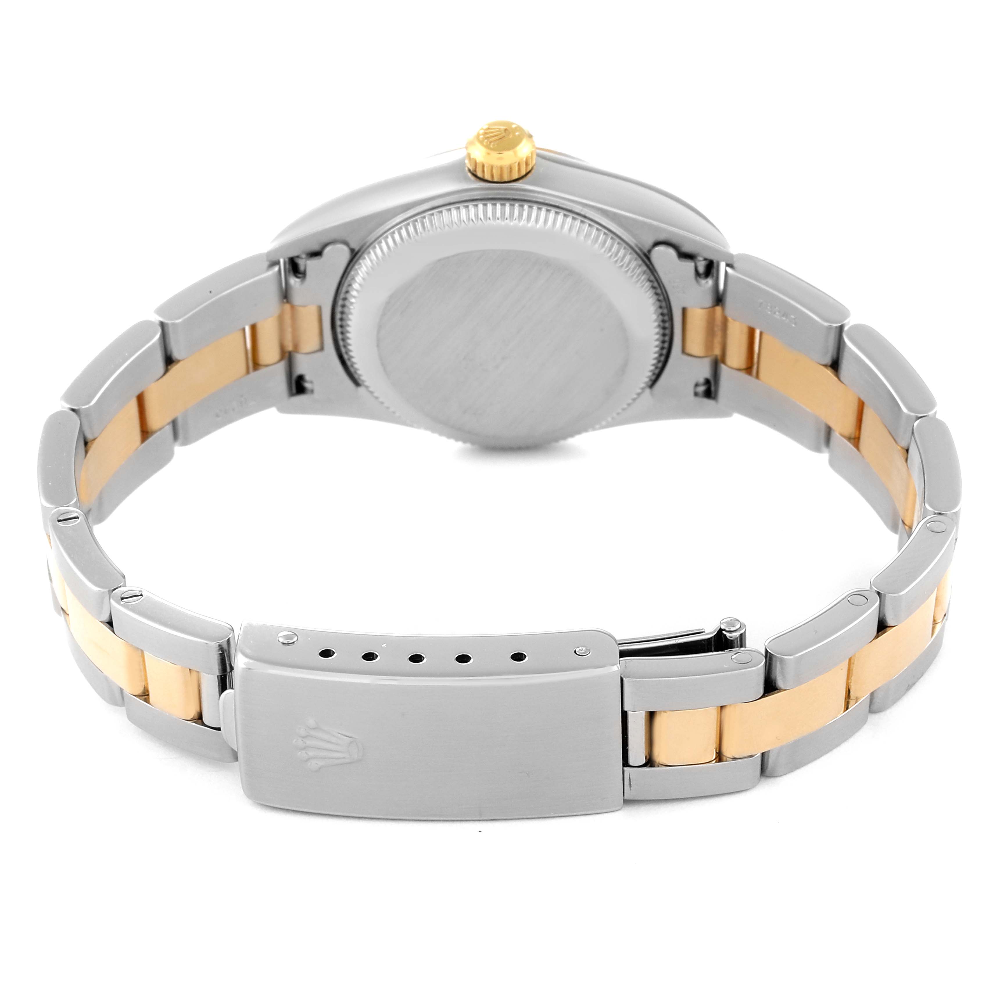 This image shows the back view of a Rolex Oyster Perpetual 76193 Women's Steel and Gold (two tone) Black Dial 76193 Women's Steel and Gold (two tone) Black Dial watch, highlighting the case back, crown, and two-tone bracelet with clasp.