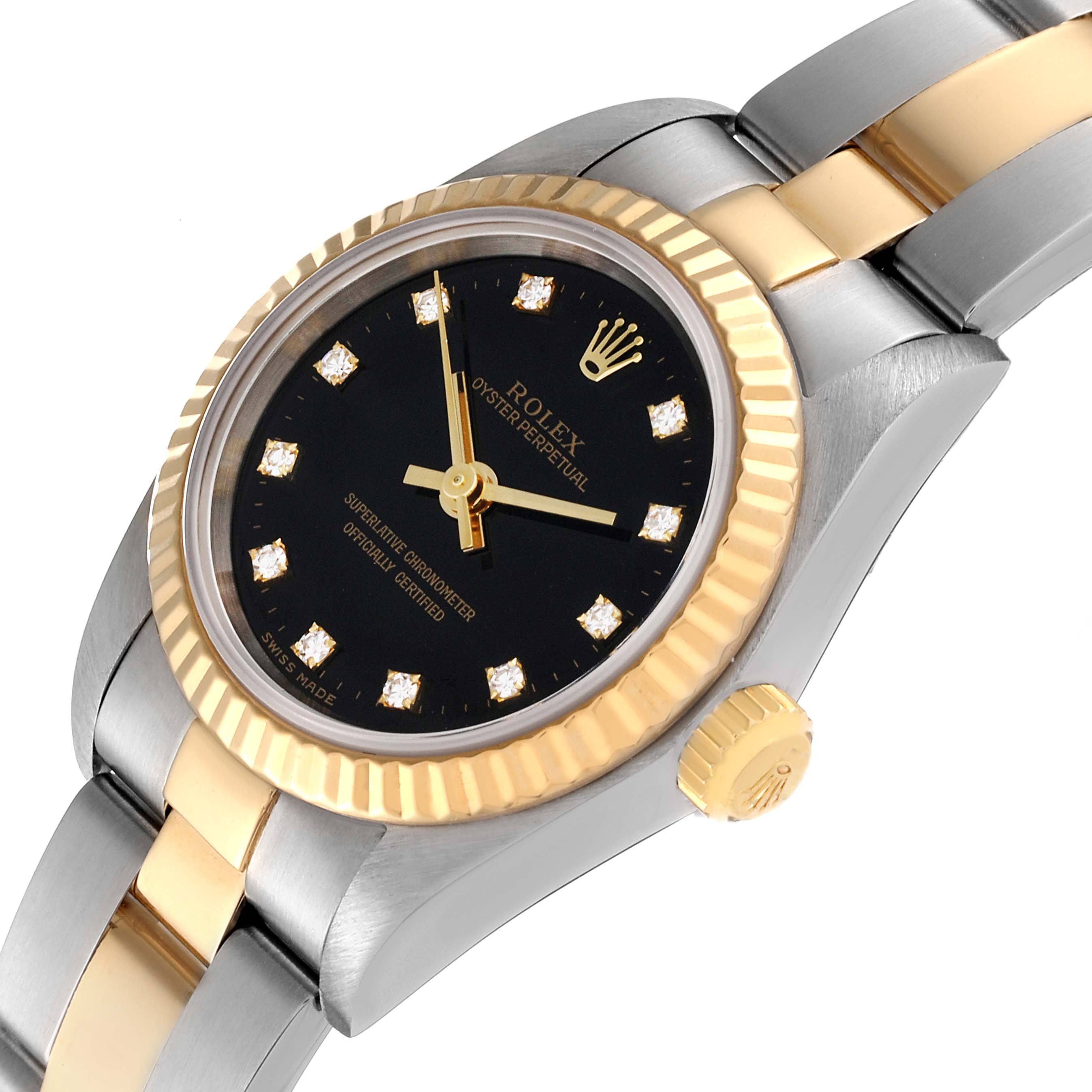 This Rolex Oyster Perpetual 76193 Women's Steel and Gold (two tone) Black Dial 76193 Women's Steel and Gold (two tone) Black Dial watch is shown at an angled view, highlighting its black dial, gold bezel, and two-tone bracelet.