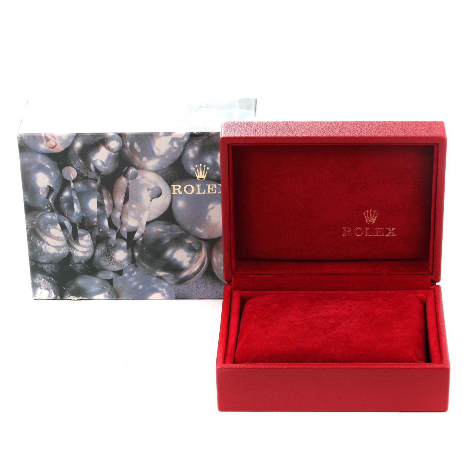 The image shows an open Rolex Oyster Perpetual 76193 Women's Steel and Gold (two tone) Black Dial 76193 Women's Steel and Gold (two tone) Black Dial watch box in red with the branded outer box beside it.