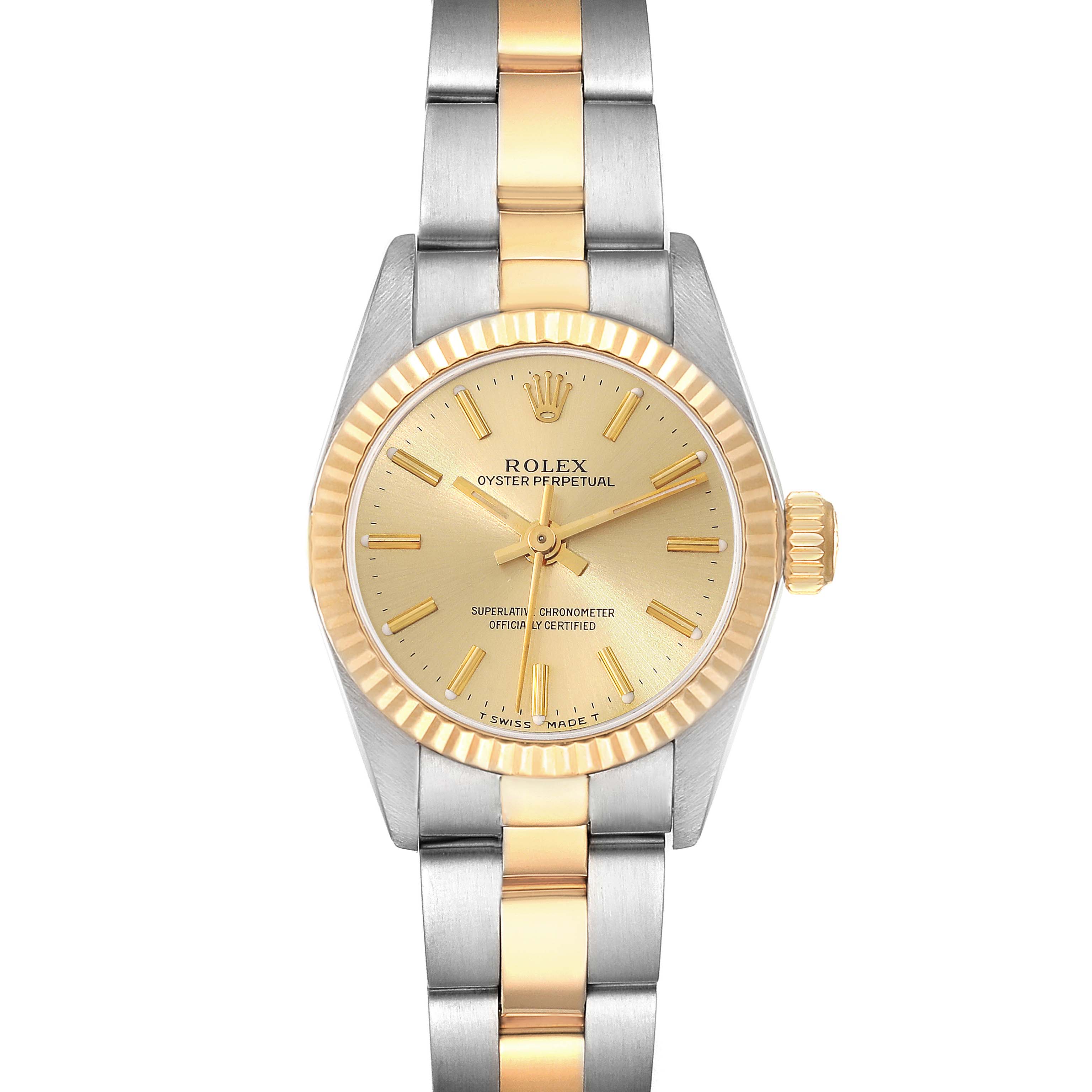 The image shows a front view of a Rolex Oyster Perpetual 67193 Women's Steel and Gold (two tone) Champagne Dial 67193 Women's Steel and Gold (two tone) Champagne Dial watch, highlighting its two-tone bracelet, gold bezel, and gold dial.