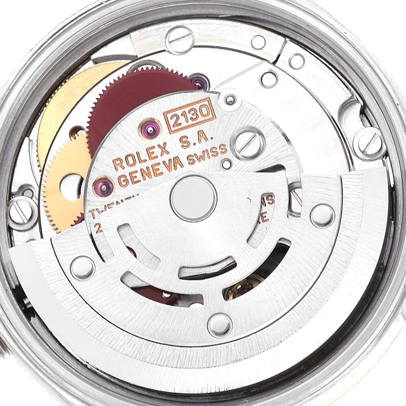 This image shows the inner mechanism, specifically the movement, of the Rolex Oyster Perpetual 67193 Women's Steel and Gold (two tone) Champagne Dial 67193 Women's Steel and Gold (two tone) Champagne Dial watch.