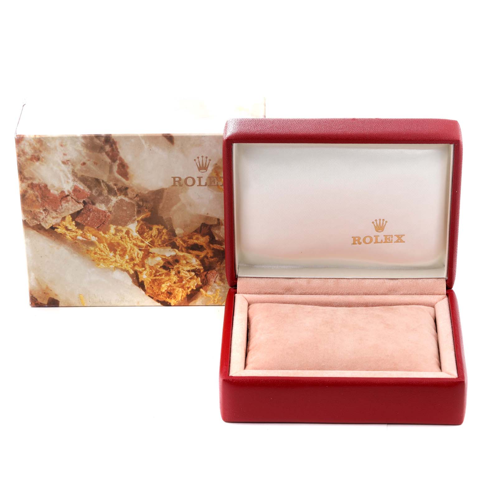 This is an empty Rolex Oyster Perpetual 67193 Women's Steel and Gold (two tone) Champagne Dial 67193 Women's Steel and Gold (two tone) Champagne Dial watch box, featuring a red and gold color scheme with the brand's logo on the inner lid.
