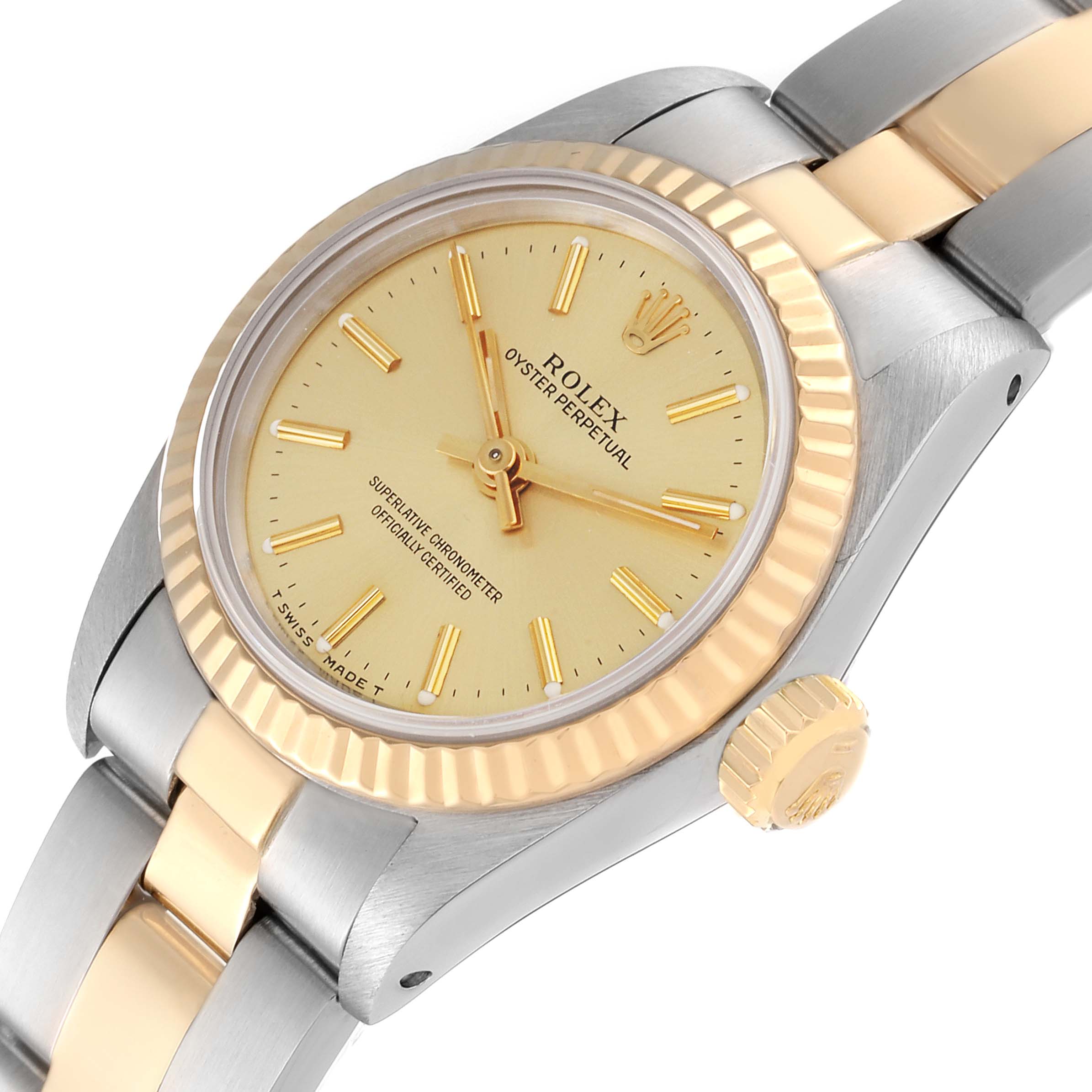 The Rolex Oyster Perpetual 67193 Women's Steel and Gold (two tone) Champagne Dial 67193 Women's Steel and Gold (two tone) Champagne Dial watch is shown at an angle highlighting the gold bezel, dial, hands, and crown.