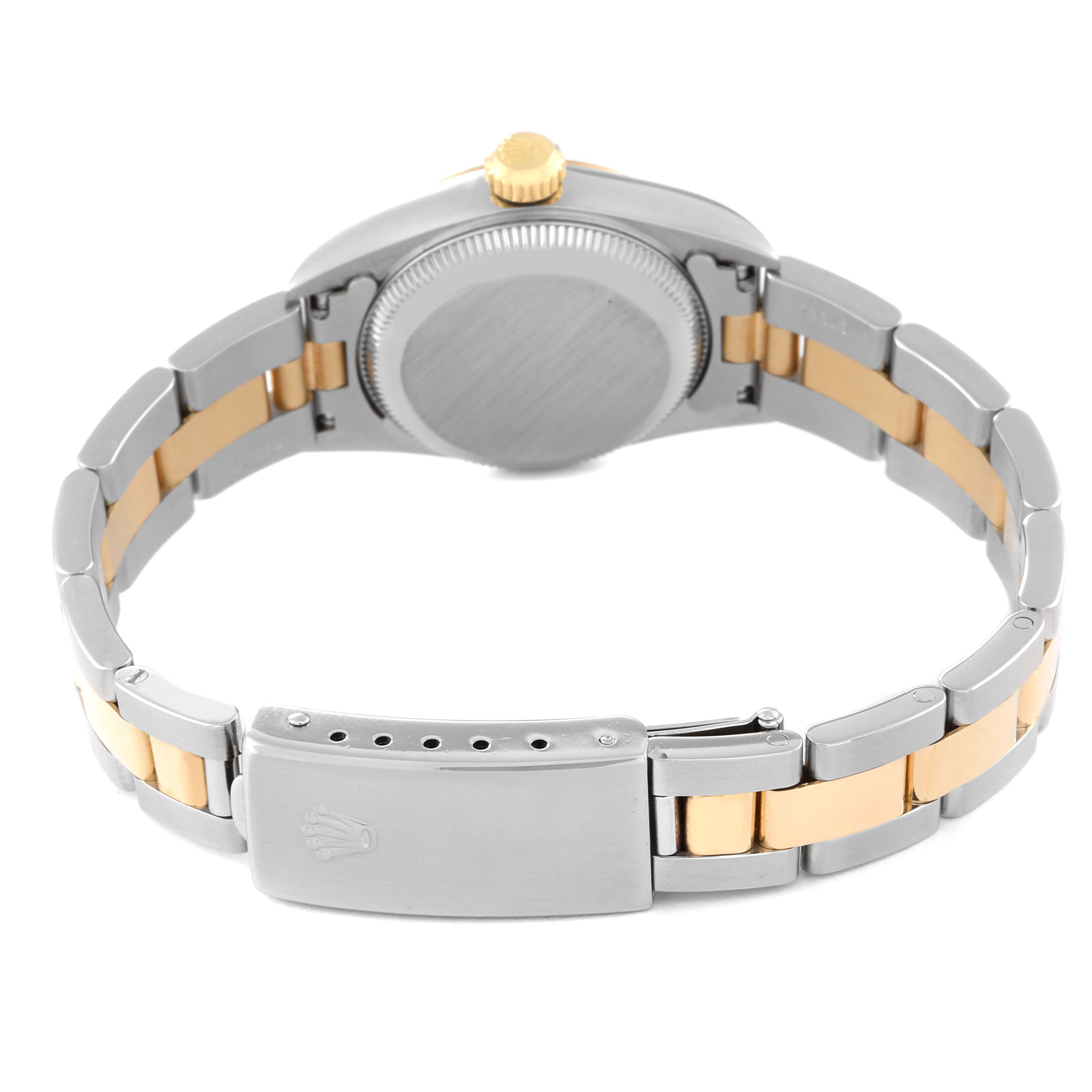 The image shows the back view of a Rolex Oyster Perpetual 67183 Women's Steel and Gold (two tone) Grey Dial 67183 Women's Steel and Gold (two tone) Grey Dial watch, highlighting the clasp, bracelet, and case back.