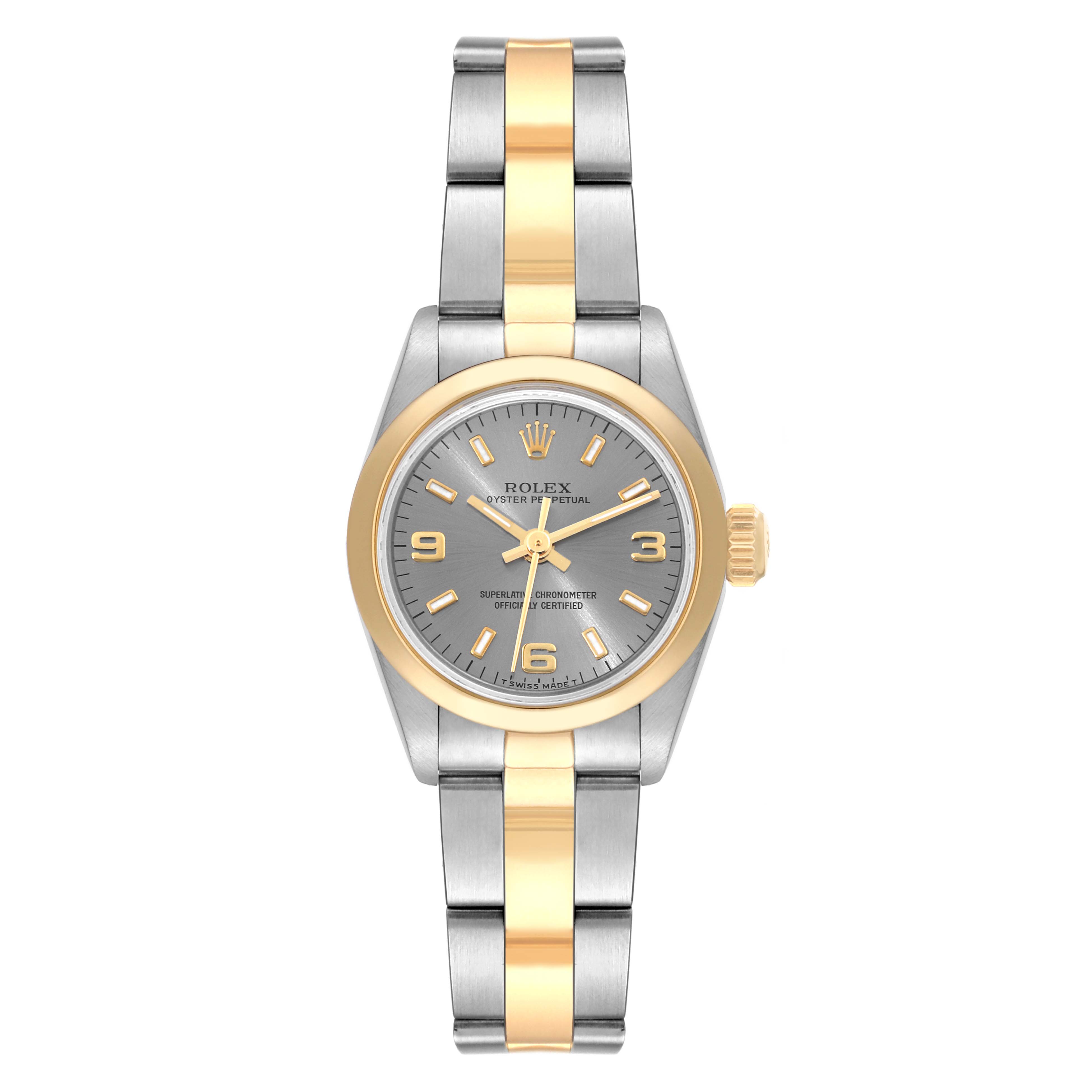 The Rolex Oyster Perpetual 67183 Women's Steel and Gold (two tone) Grey Dial 67183 Women's Steel and Gold (two tone) Grey Dial watch is shown from the front, displaying its dial, bezel, crown, and two-tone bracelet.