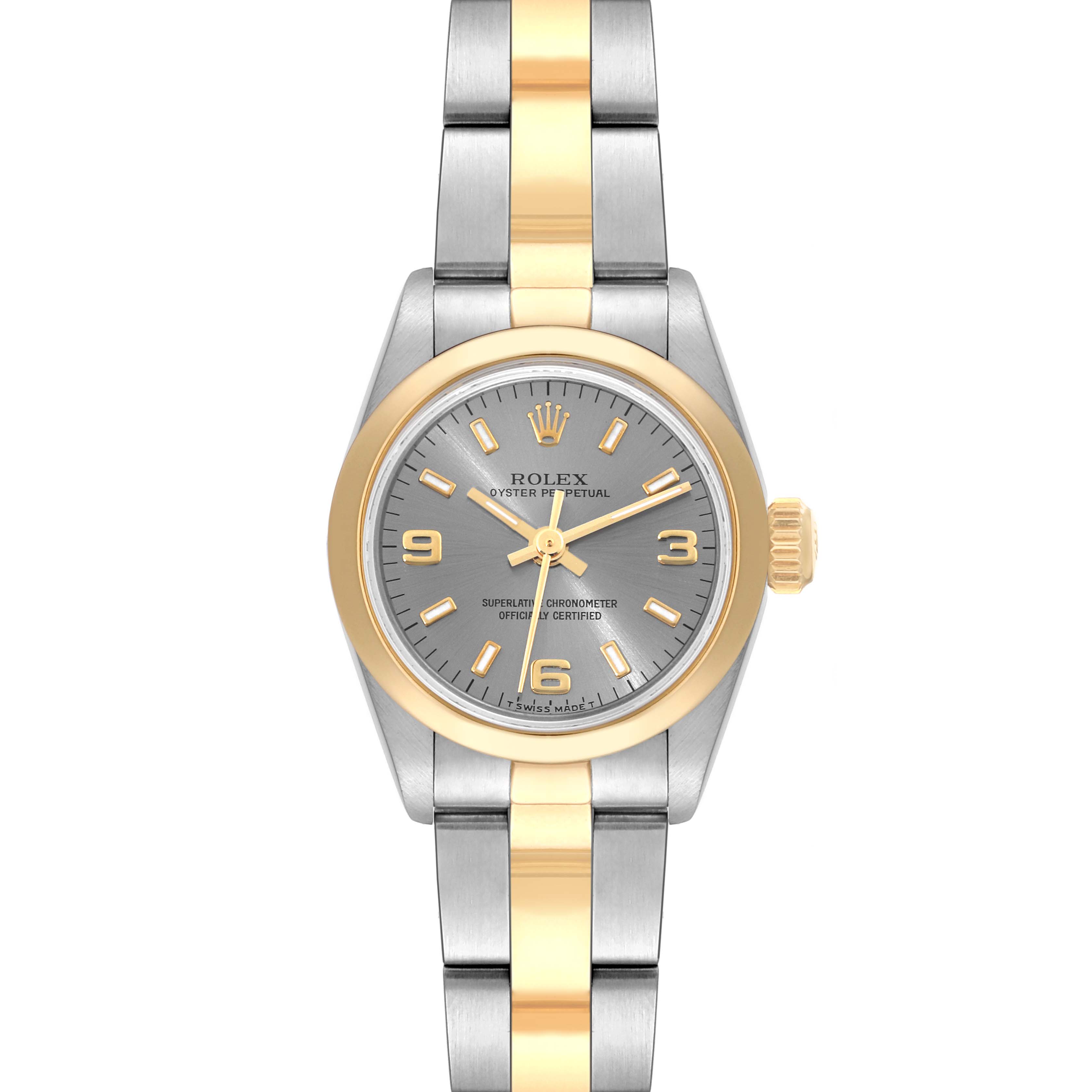 This image shows a frontal view of the Rolex Oyster Perpetual 67183 Women's Steel and Gold (two tone) Grey Dial 67183 Women's Steel and Gold (two tone) Grey Dial watch, highlighting its two-tone bracelet and dial.