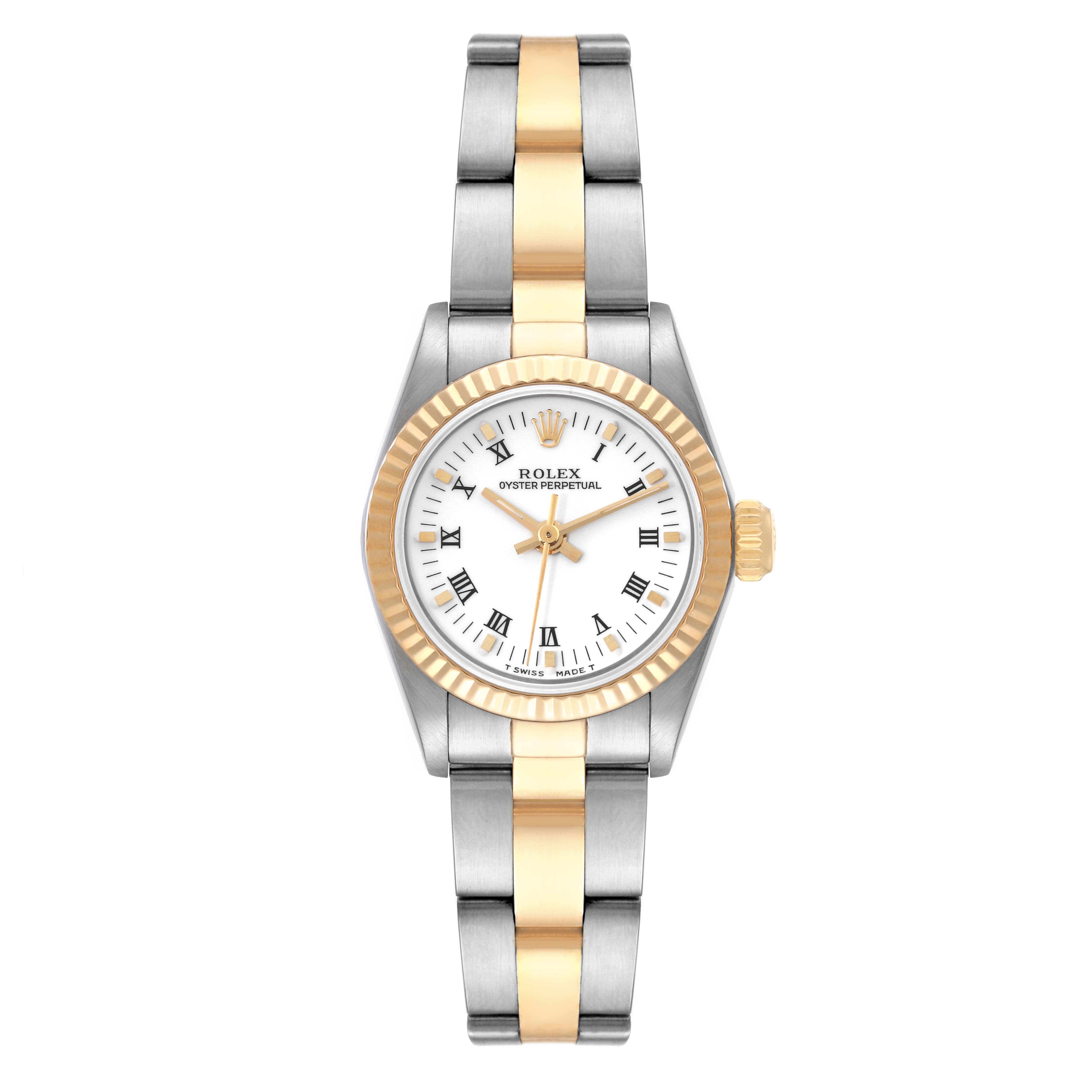 This image shows a front view of a Rolex Oyster Perpetual 67193 Women's Steel and Gold (two tone) White Dial 67193 Women's Steel and Gold (two tone) White Dial watch, featuring a two-tone silver and gold strap with a white dial.