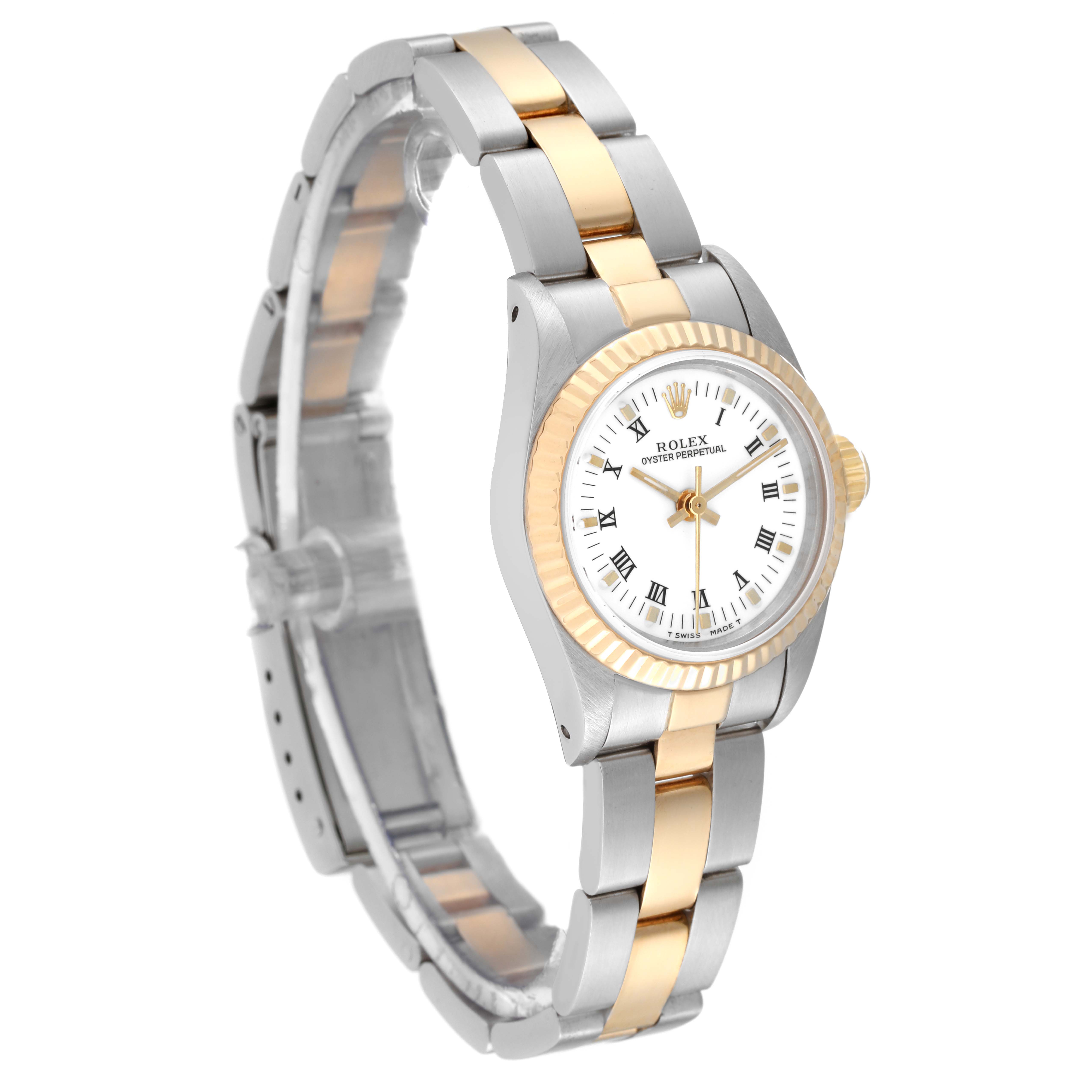 The image shows a Rolex Oyster Perpetual 67193 Women's Steel and Gold (two tone) White Dial 67193 Women's Steel and Gold (two tone) White Dial watch at a slight angle, displaying its gold and silver bracelet and white dial.