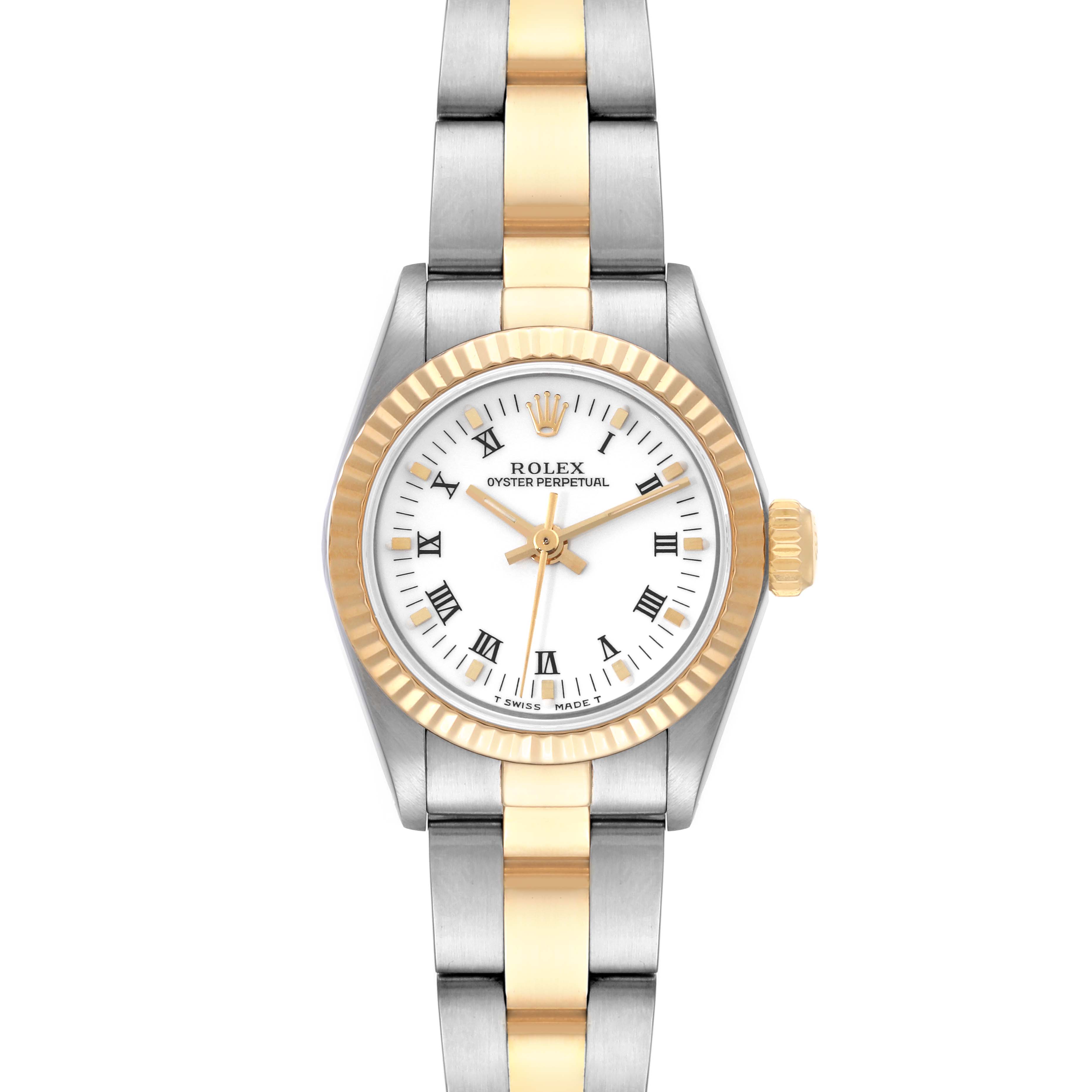This image shows a front view of a Rolex Oyster Perpetual 67193 Women's Steel and Gold (two tone) White Dial 67193 Women's Steel and Gold (two tone) White Dial watch featuring a two-tone bracelet and Roman numeral dial.
