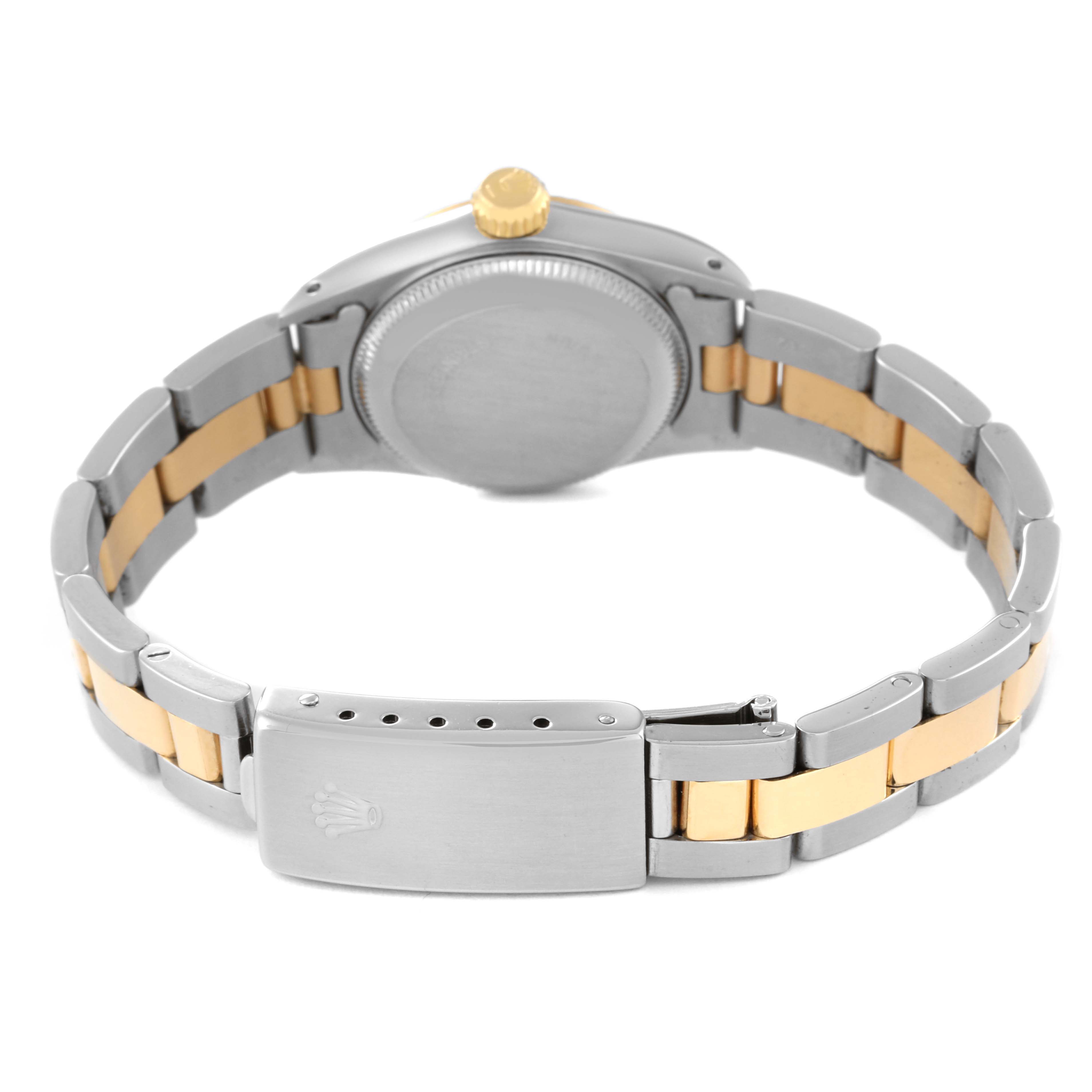 This image shows the back view of the Rolex Oyster Perpetual 67193 Women's Steel and Gold (two tone) White Dial 67193 Women's Steel and Gold (two tone) White Dial watch, highlighting the case back and two-tone bracelet with clasp.