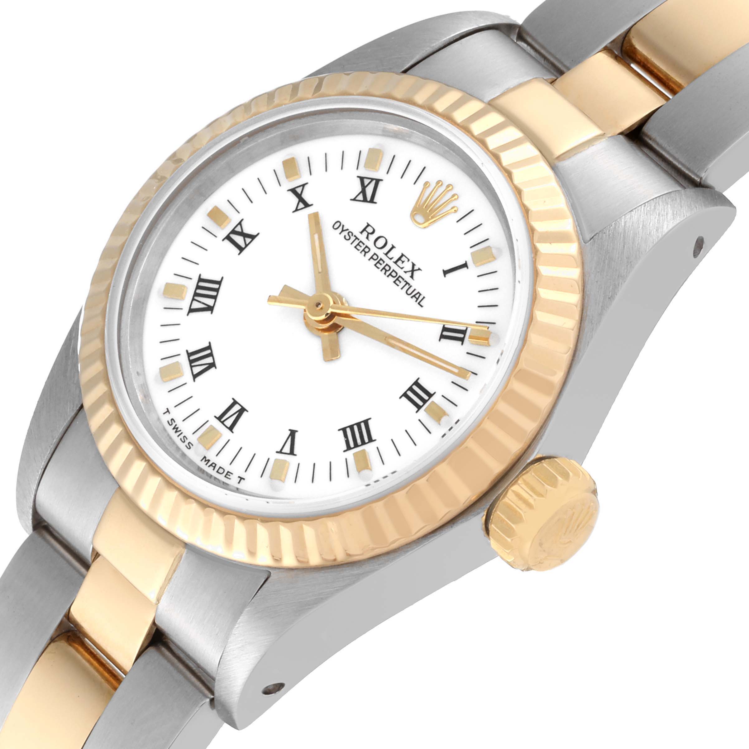 The image shows a Rolex Oyster Perpetual 67193 Women's Steel and Gold (two tone) White Dial 67193 Women's Steel and Gold (two tone) White Dial watch at an angle highlighting the white dial, gold bezel, and two-tone bracelet.