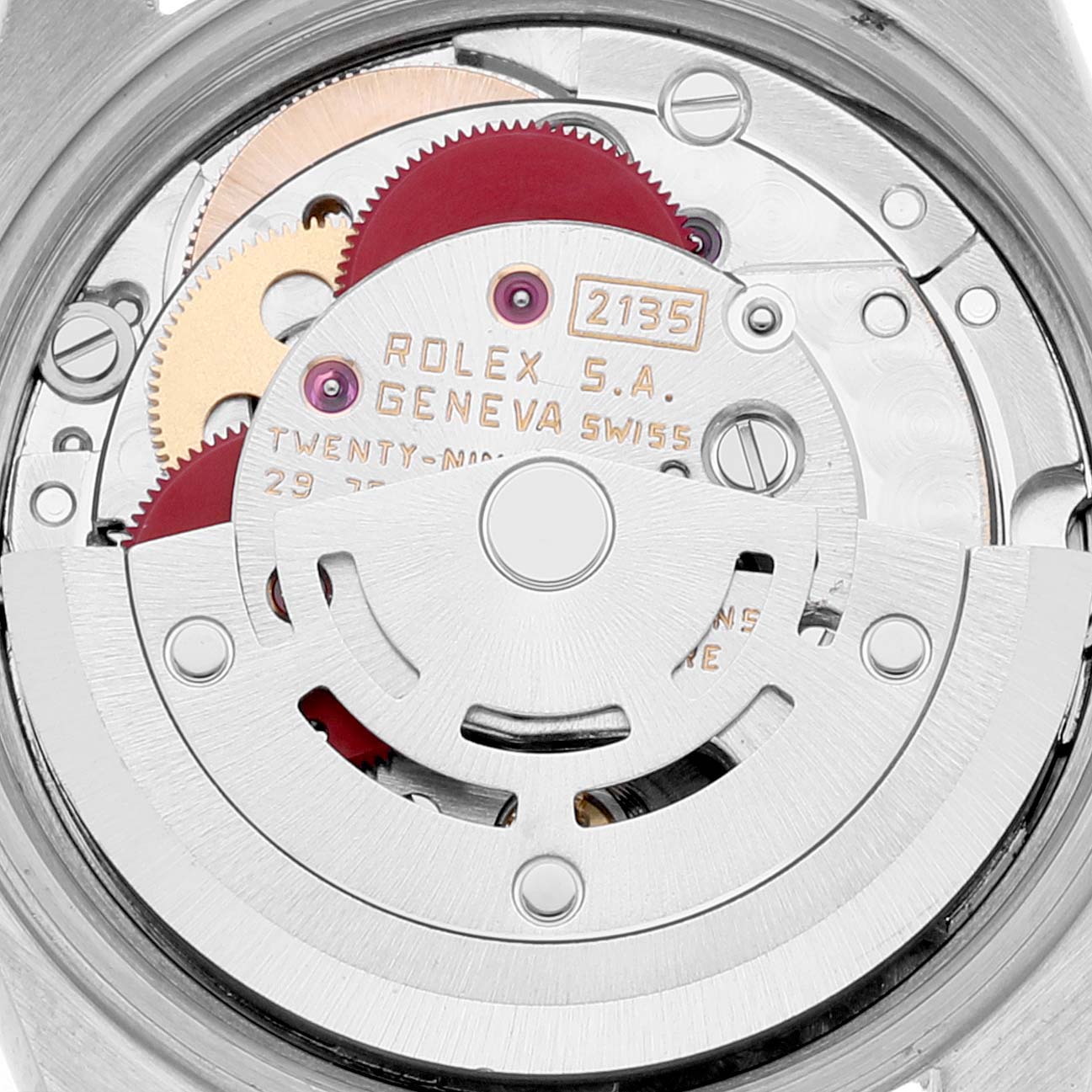 The image shows the internal mechanism of a Rolex Oyster Perpetual 67193 Women's Steel and Gold (two tone) White Dial 67193 Women's Steel and Gold (two tone) White Dial watch at a close-up angle.