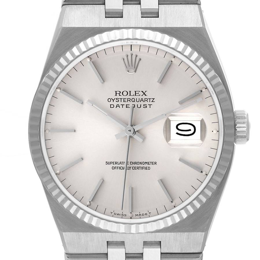 Rolex Oysterquartz Datejust Steel White Gold Fluted Bezel Watch 17014 SwissWatchExpo