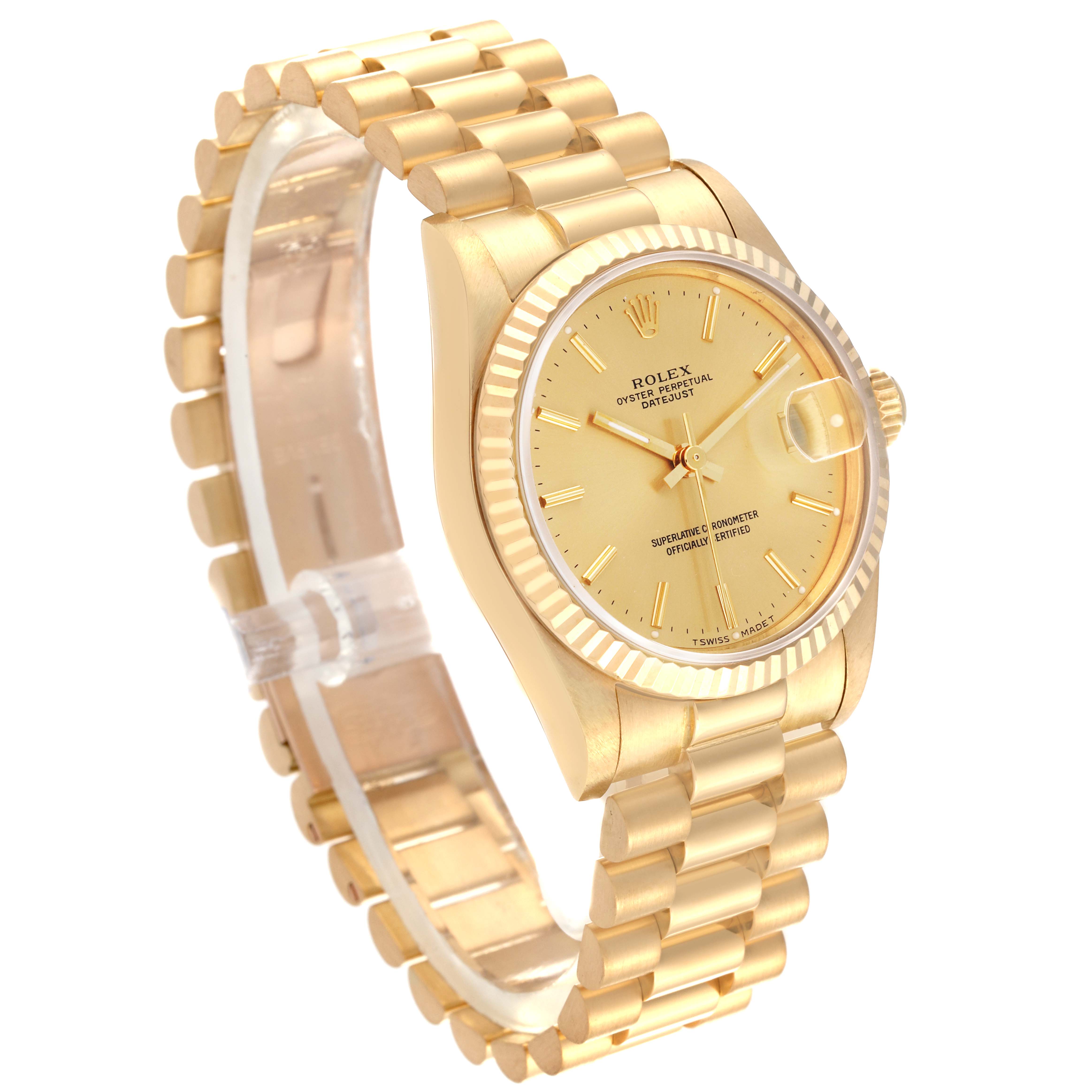 The Rolex President 68278 Women's Yellow Gold Champagne Dial 68278 Women's Yellow Gold Champagne Dial model is shown at a three-quarter view, displaying the bracelet, case, bezel, and dial.