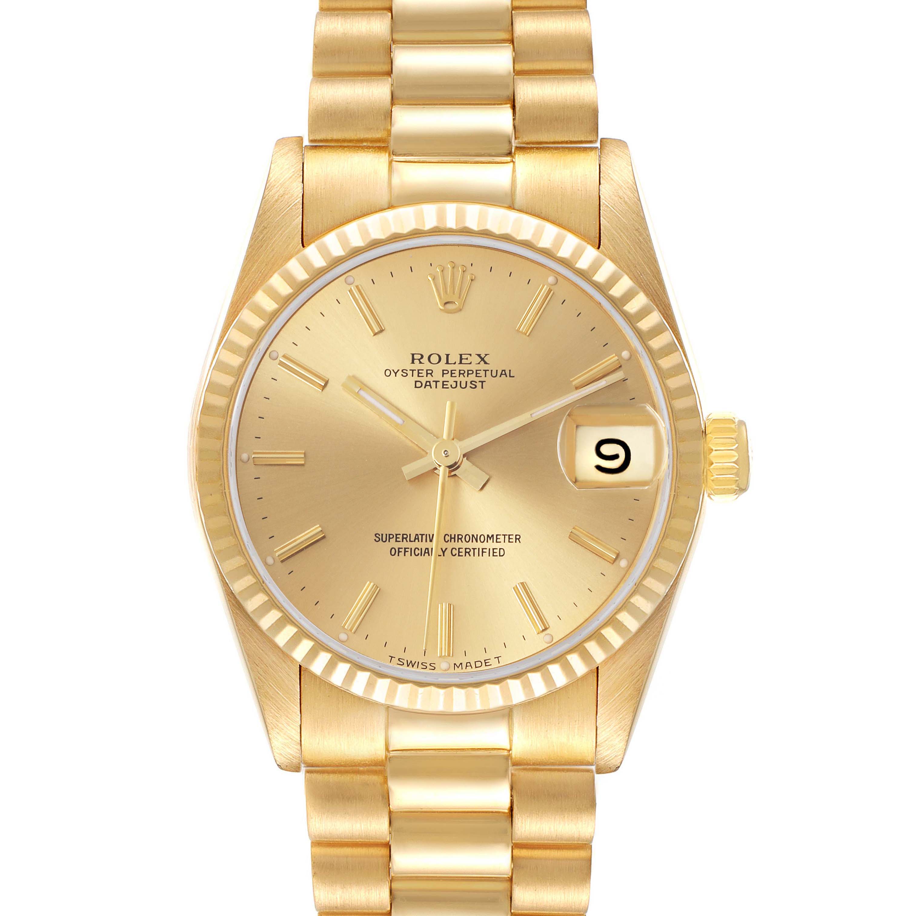 The Rolex President 68278 Women's Yellow Gold Champagne Dial 68278 Women's Yellow Gold Champagne Dial model is shown from a front angle, displaying its gold dial, bracelet, hands, and fluted bezel.