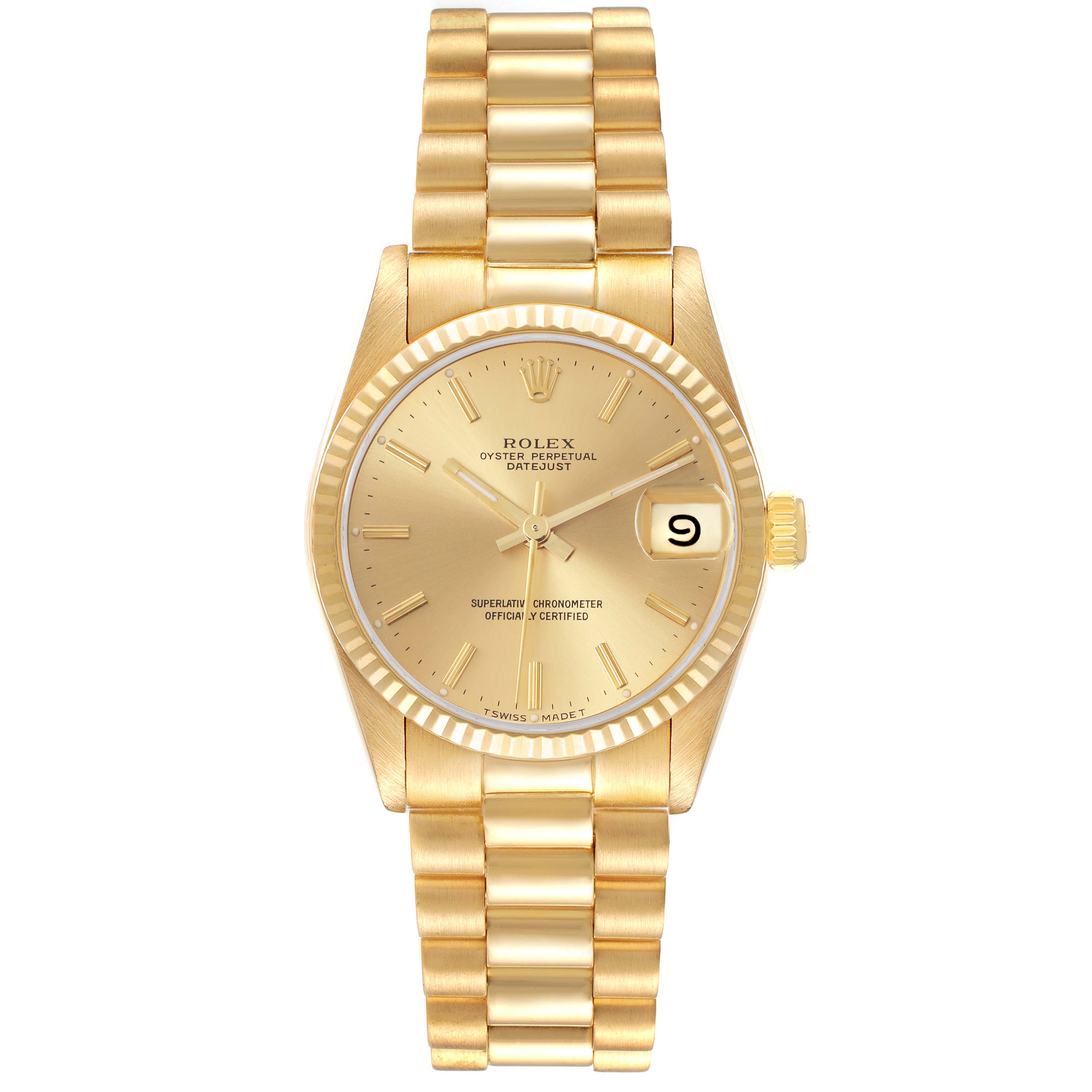 The Rolex President 68278 Women's Yellow Gold Champagne Dial 68278 Women's Yellow Gold Champagne Dial model is shown from a top view, displaying its gold bracelet, bezel, dial, and date feature.