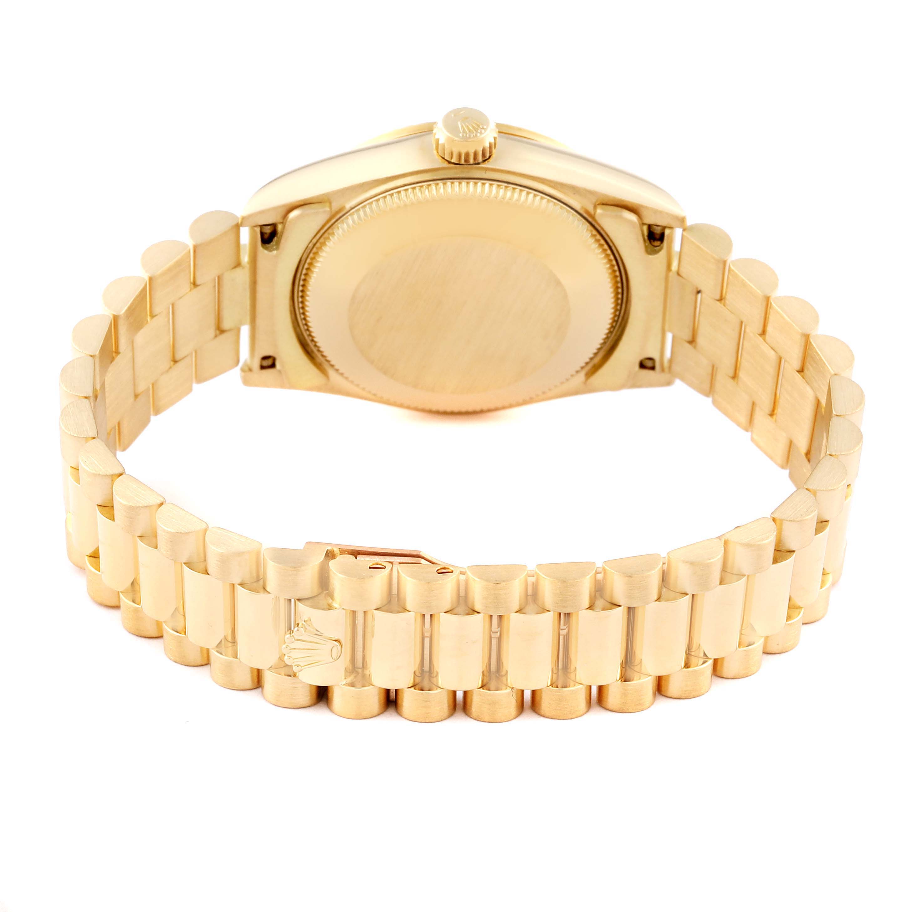 The Rolex President 68278 Women's Yellow Gold Champagne Dial 68278 Women's Yellow Gold Champagne Dial model is shown from the back, highlighting the case back, crown, and the bracelet links.