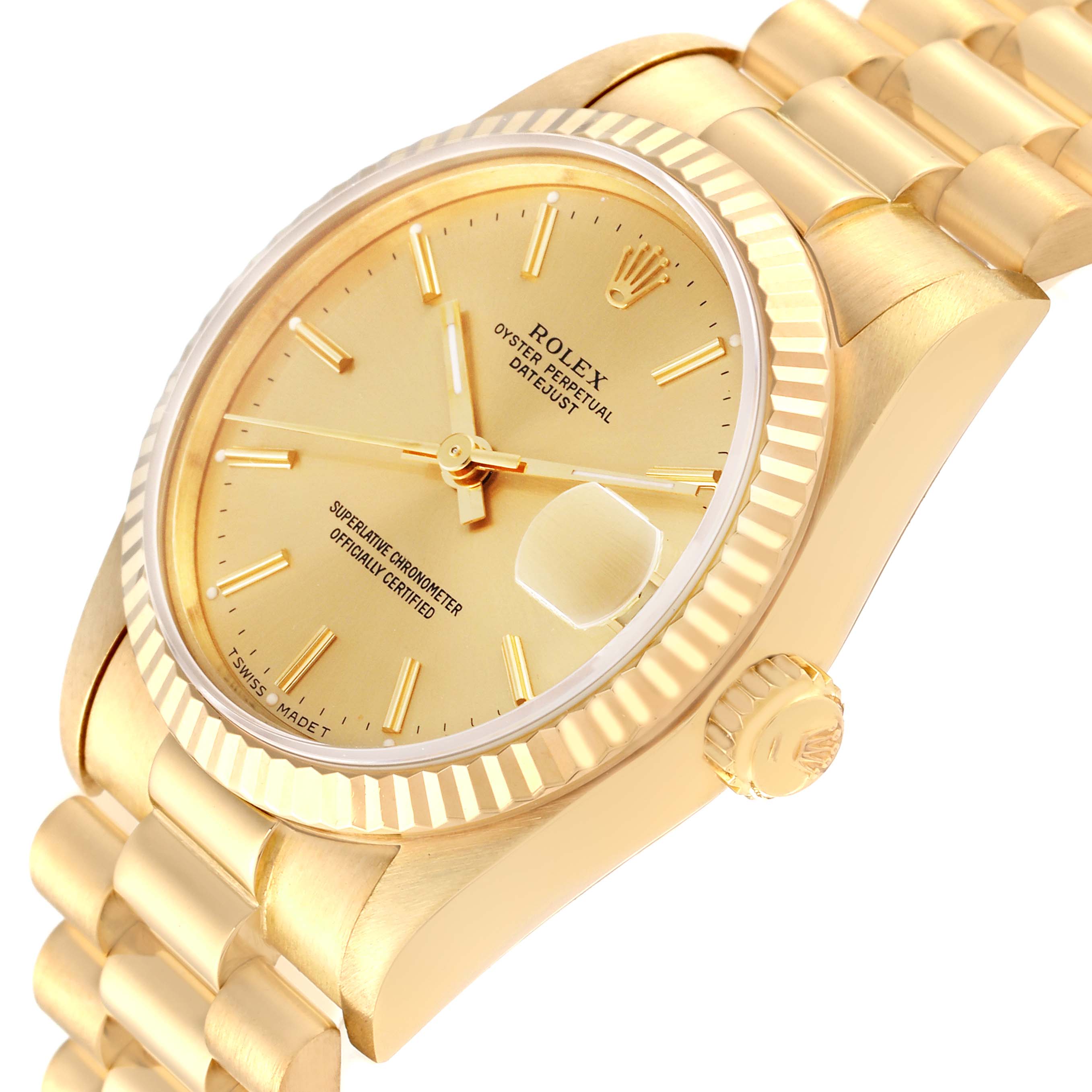 The Rolex President 68278 Women's Yellow Gold Champagne Dial 68278 Women's Yellow Gold Champagne Dial watch is shown at an angle highlighting the face, fluted bezel, crown, and part of the bracelet.