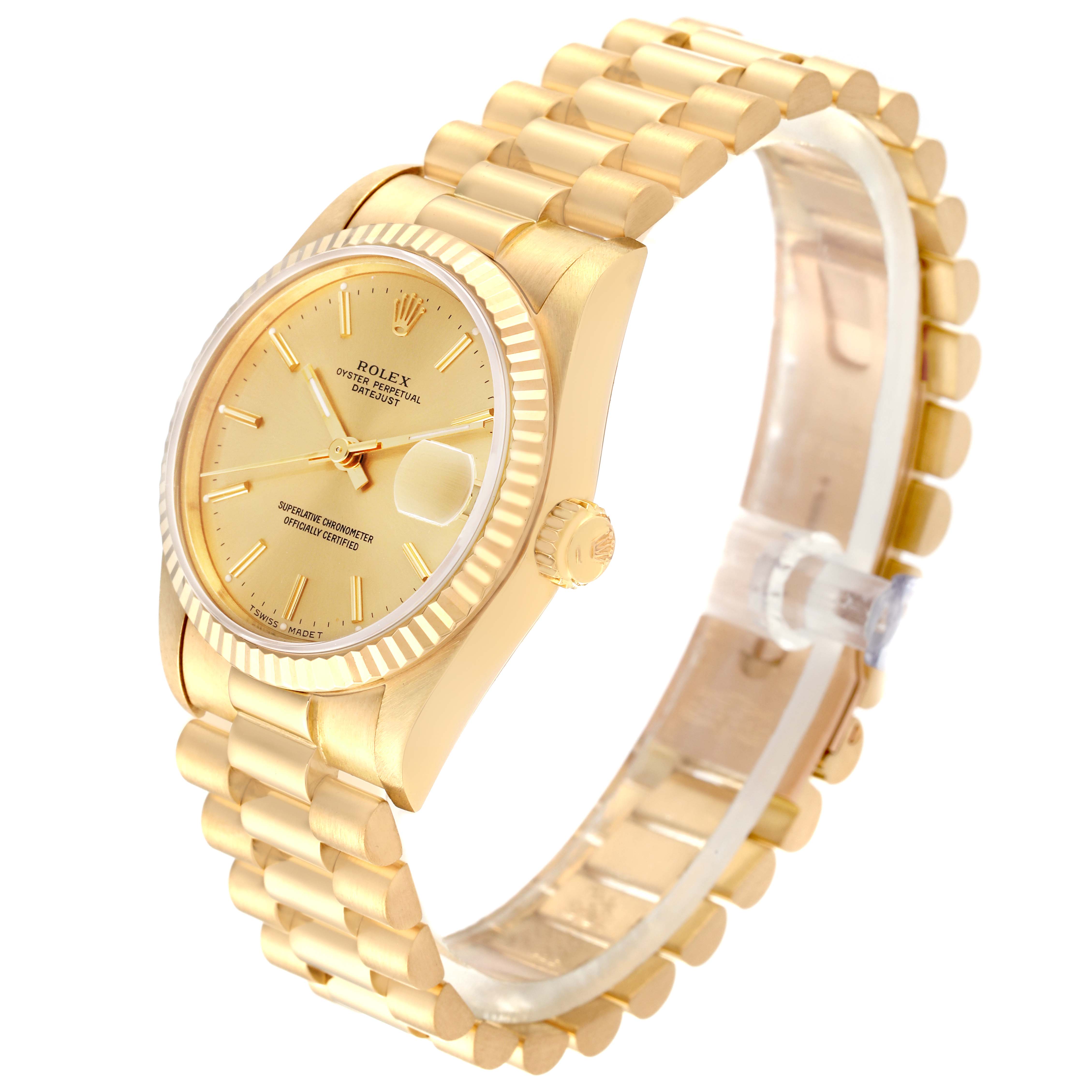 The Rolex President 68278 Women's Yellow Gold Champagne Dial 68278 Women's Yellow Gold Champagne Dial model is shown at a slight angle, displaying its dial, bezel, crown, and part of the bracelet.