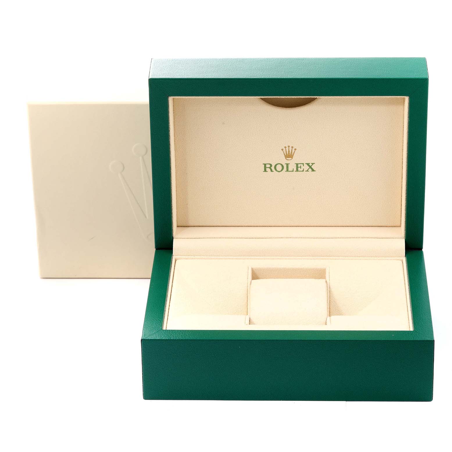 This image shows the open display box for a Rolex President 118205 Men
s Rose Gold Black Dial 118205 Men
s Rose Gold Black Dial model watch, featuring the iconic green and beige color.