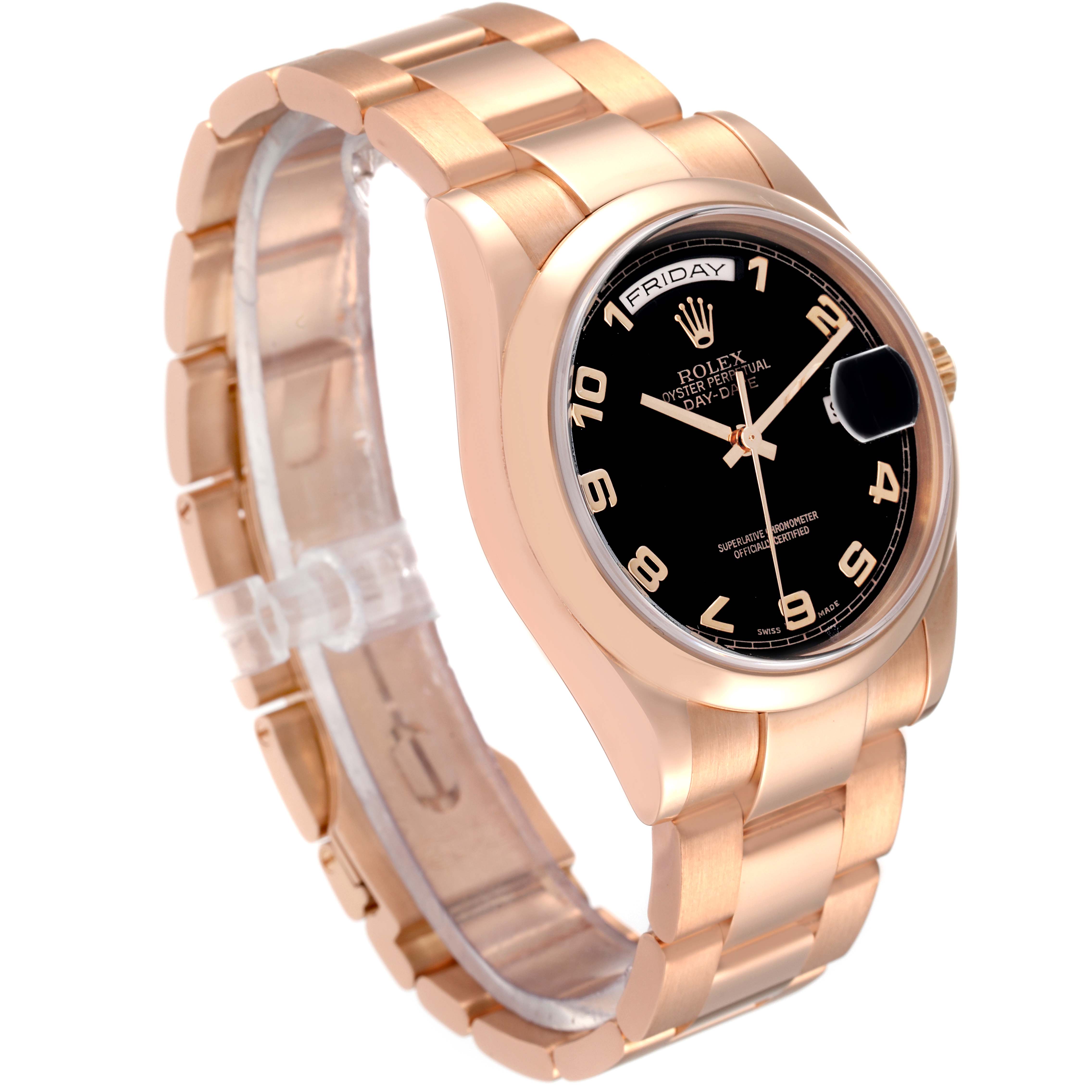 The image shows a Rolex President 118205 Men
s Rose Gold Black Dial 118205 Men
s Rose Gold Black Dial model watch from an angled top-side view, highlighting its dial, bracelet, and bezel.