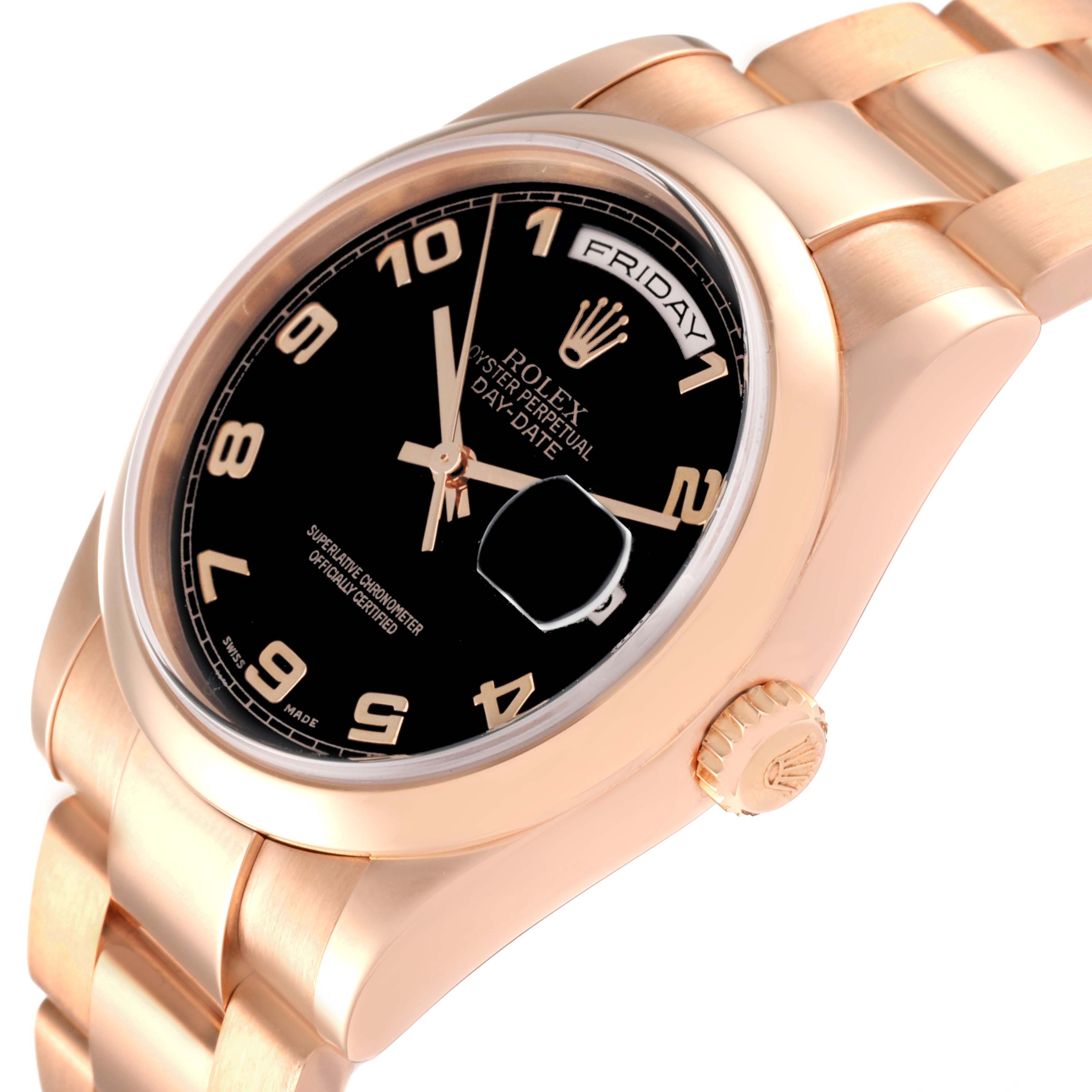 The Rolex President 118205 Men
s Rose Gold Black Dial 118205 Men
s Rose Gold Black Dial model watch is shown from a side angle, highlighting its black dial, gold case, and bracelet.
