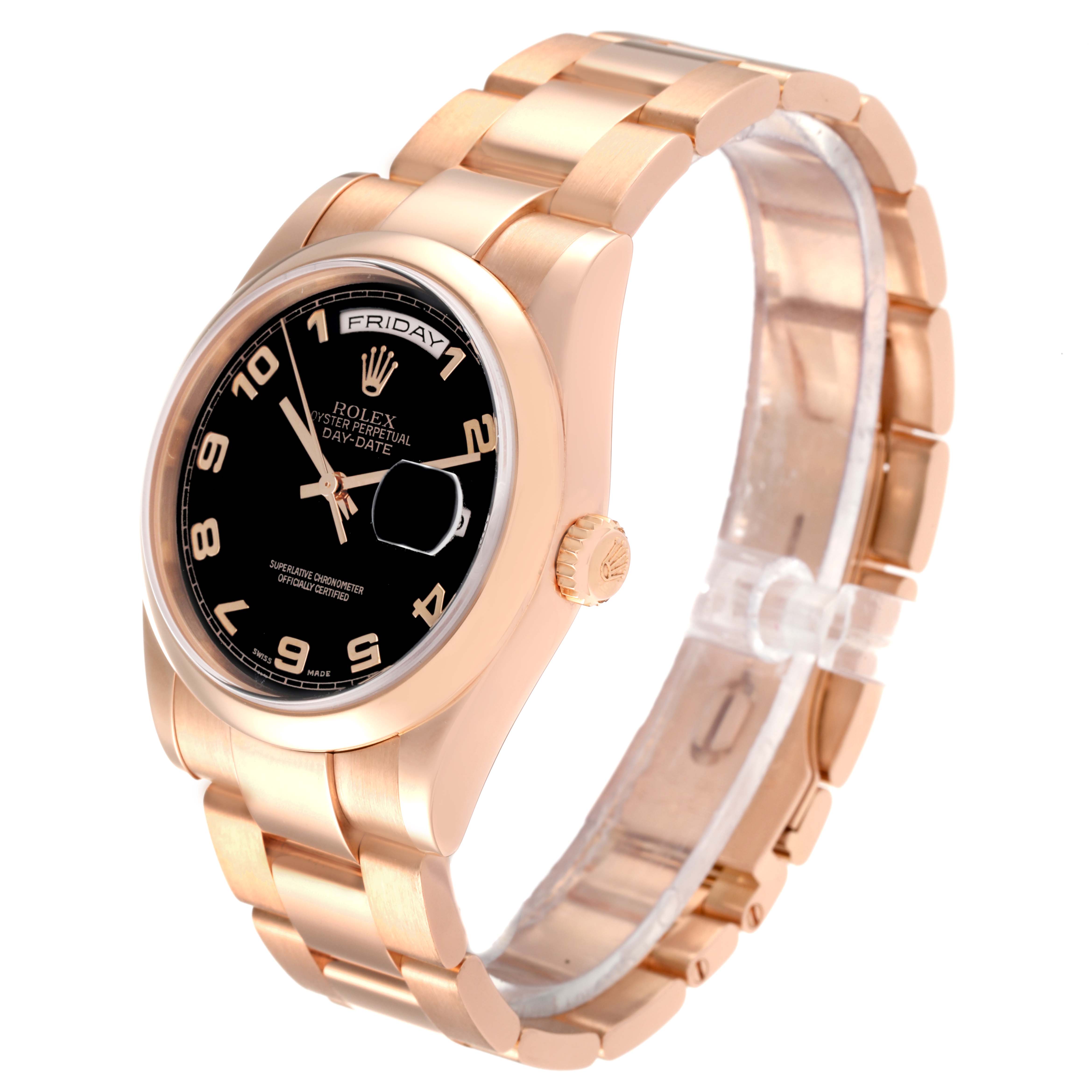 The image shows a Rolex President 118205 Men
s Rose Gold Black Dial 118205 Men
s Rose Gold Black Dial model watch at a slight angle, highlighting the face, crown, and part of the bracelet.