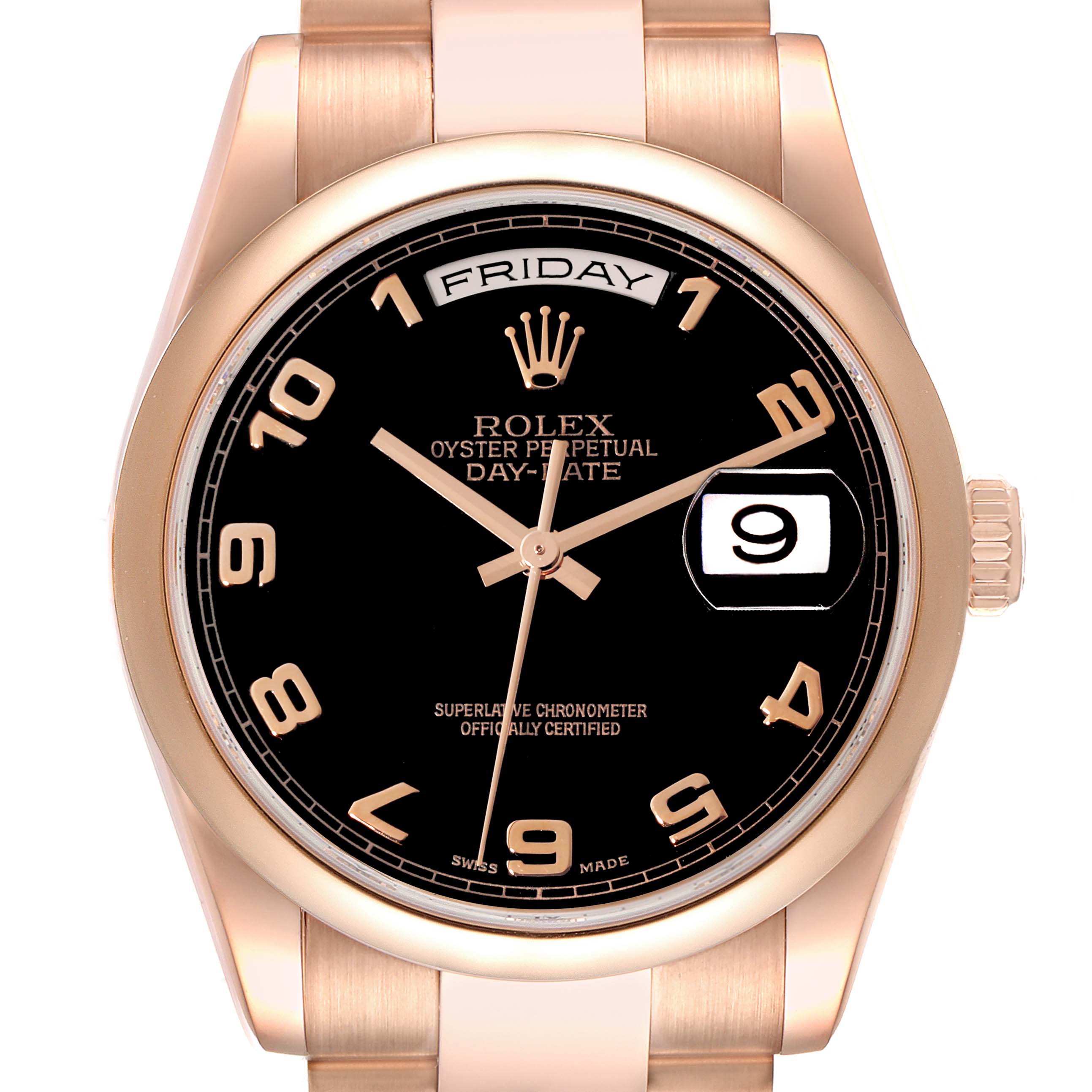 The image shows a front view of a Rolex President 118205 Men
s Rose Gold Black Dial 118205 Men
s Rose Gold Black Dial model, displaying the dial, hands, day, and date features.