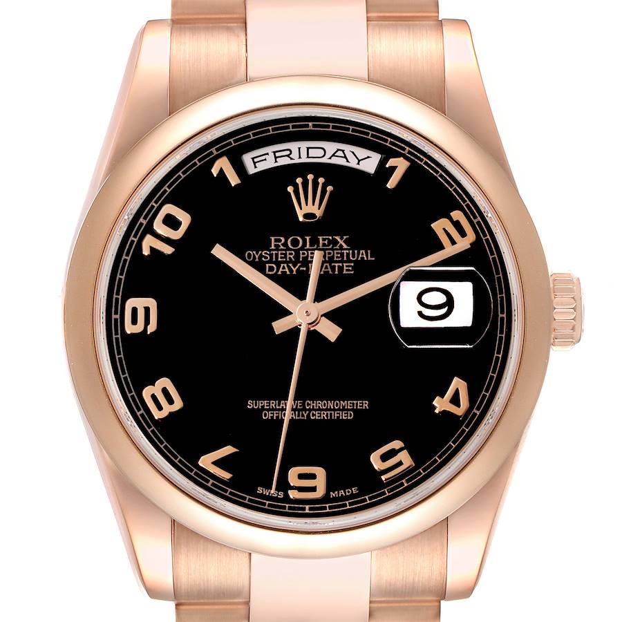 Rolex President Day Date 36 Rose Gold Black Dial Mens Watch 118205 SwissWatchExpo