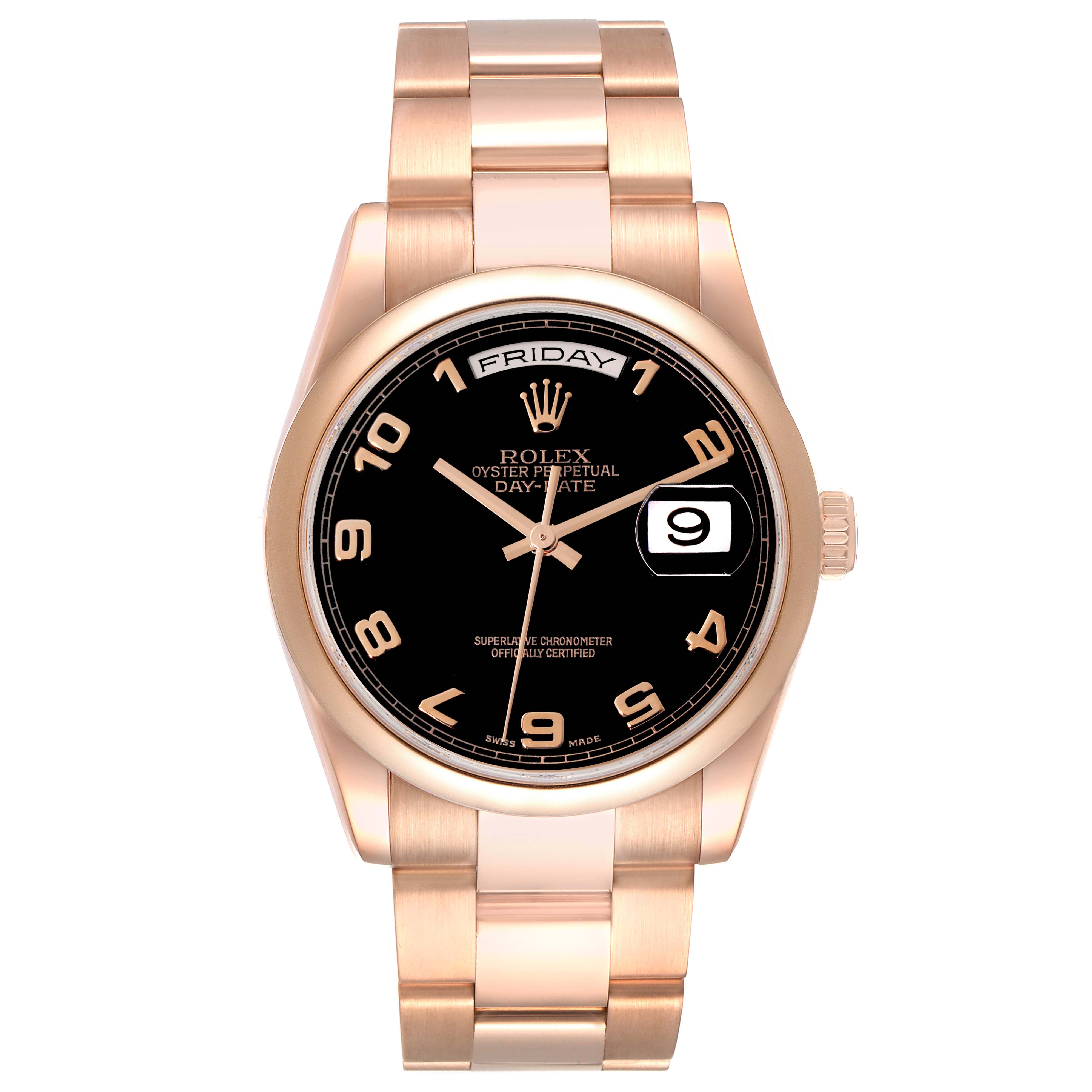 This image shows the front view of a Rolex President 118205 Men
s Rose Gold Black Dial 118205 Men
s Rose Gold Black Dial model watch with a gold bracelet and black dial displaying the day and date.