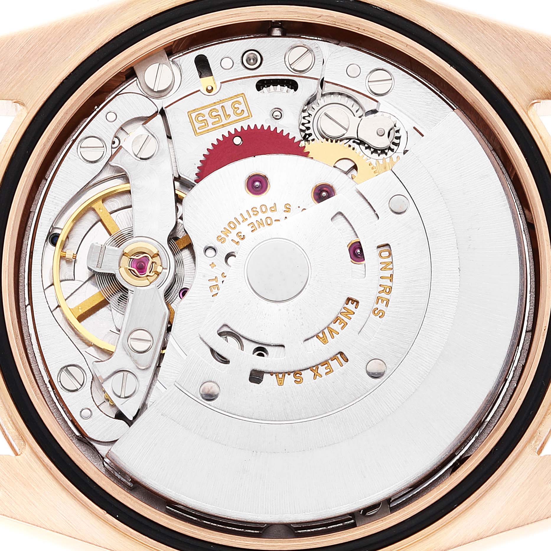 This photo shows the intricate inner mechanism of a Rolex President 118205 Men
s Rose Gold Black Dial 118205 Men
s Rose Gold Black Dial model watch from a back angle.