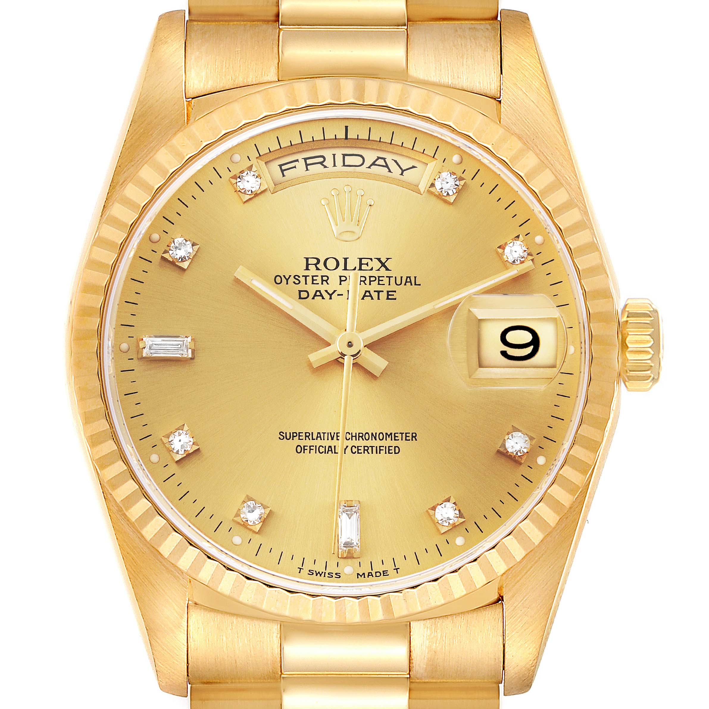 The image shows a close-up of the face and part of the bracelet of a Rolex President 18238 Men's Yellow Gold Champagne Dial 18238 Men's Yellow Gold Champagne Dial model watch.