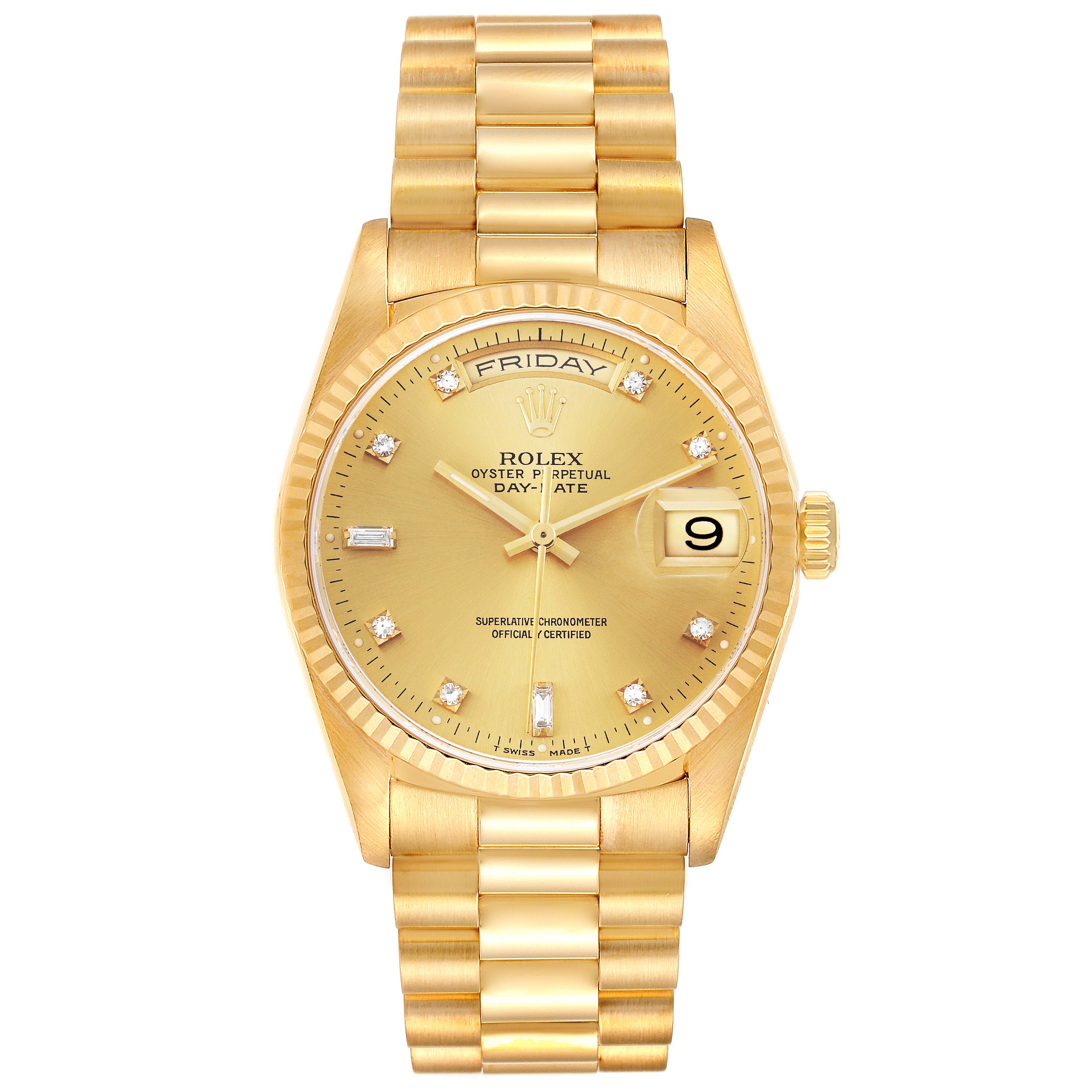 This image shows a frontal view of a Rolex President 18238 Men's Yellow Gold Champagne Dial 18238 Men's Yellow Gold Champagne Dial model watch, highlighting its dial, bracelet, and day-date display.