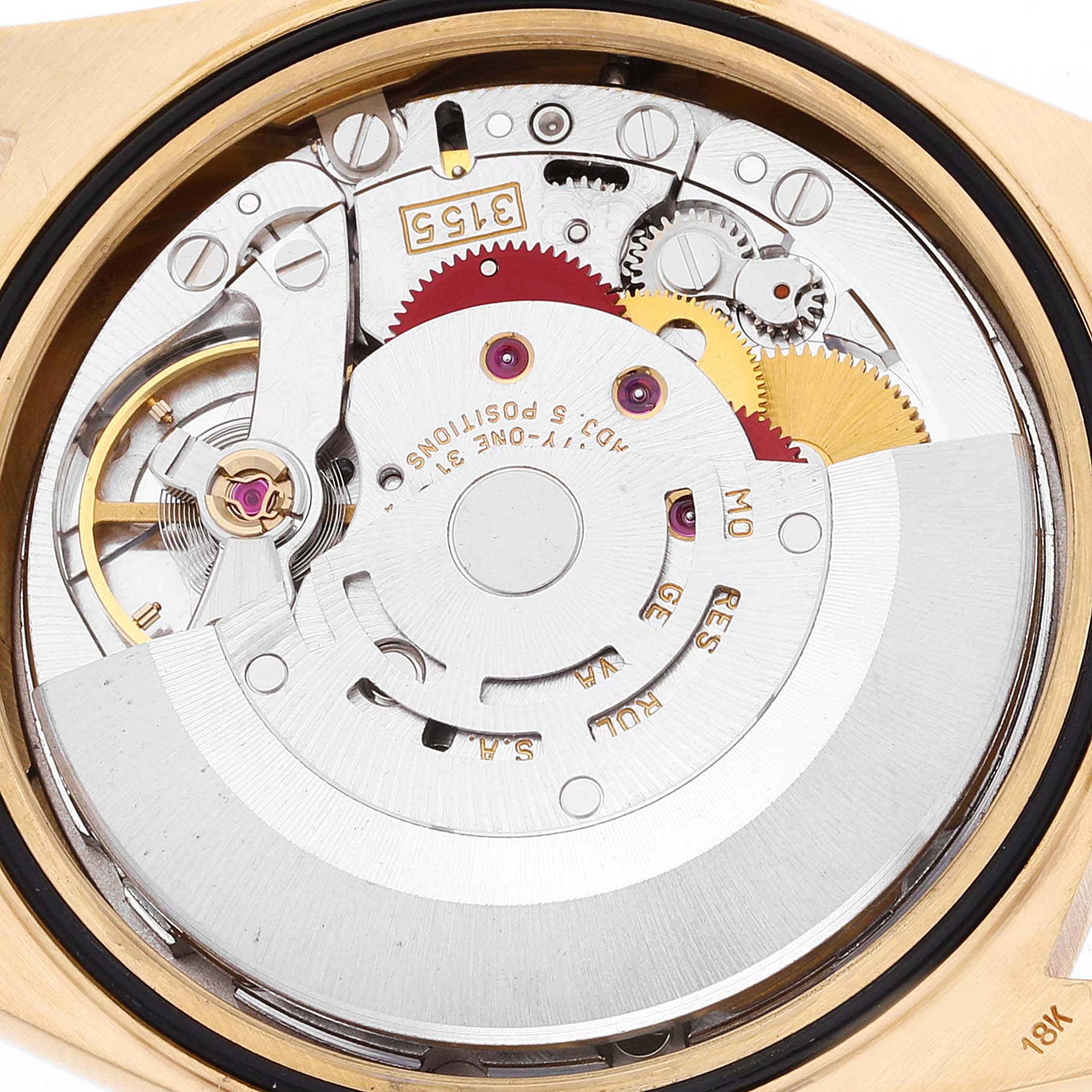 The image shows a close-up view of the internal mechanism of a Rolex President 18238 Men's Yellow Gold Champagne Dial 18238 Men's Yellow Gold Champagne Dial model watch.