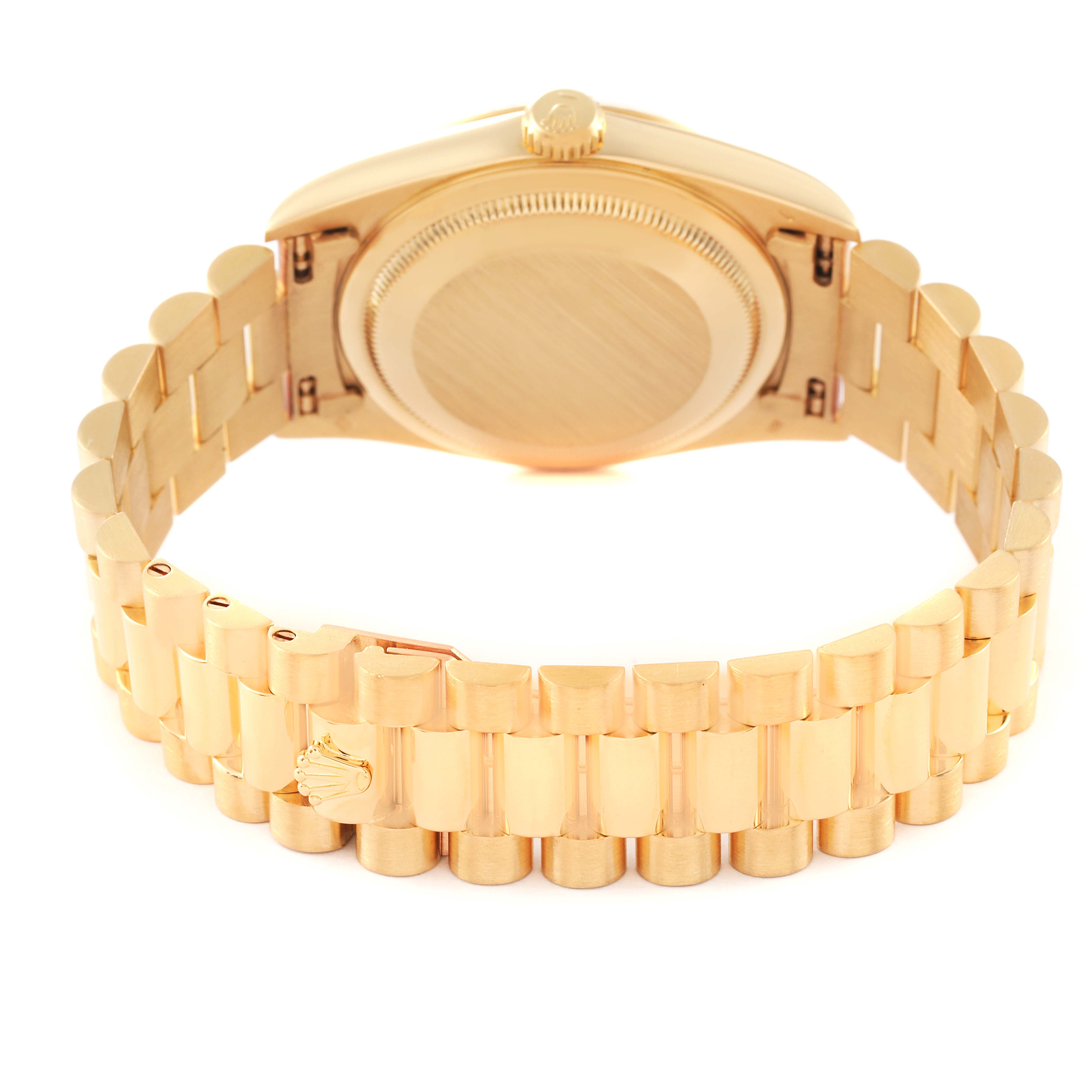 The image shows the back view of a Rolex President 18238 Men's Yellow Gold Champagne Dial 18238 Men's Yellow Gold Champagne Dial model watch, focusing on the case back and the gold bracelet.