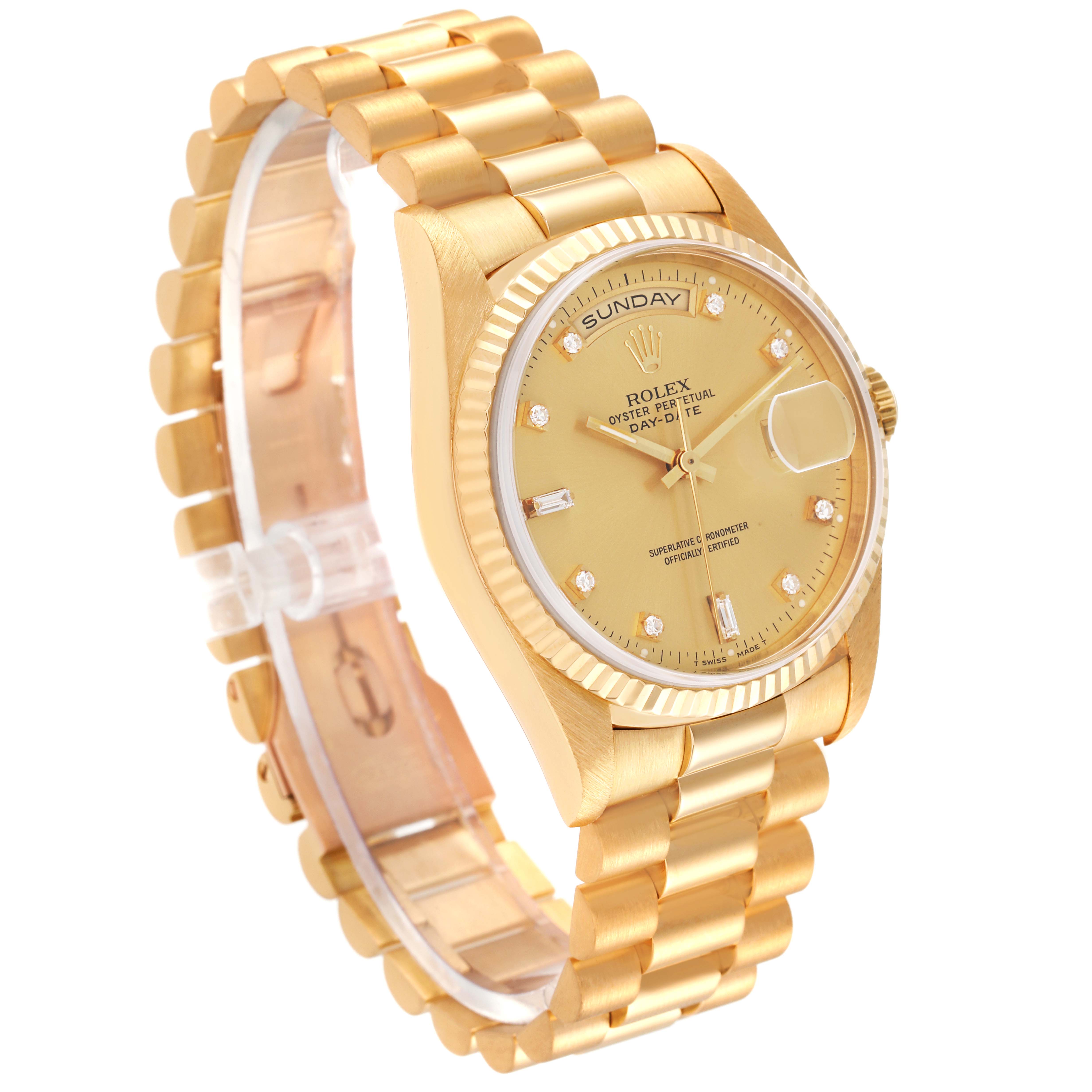 This image shows a Rolex President 18238 Men's Yellow Gold Champagne Dial 18238 Men's Yellow Gold Champagne Dial model watch from an angled side view, highlighting its bracelet, dial, and bezel.
