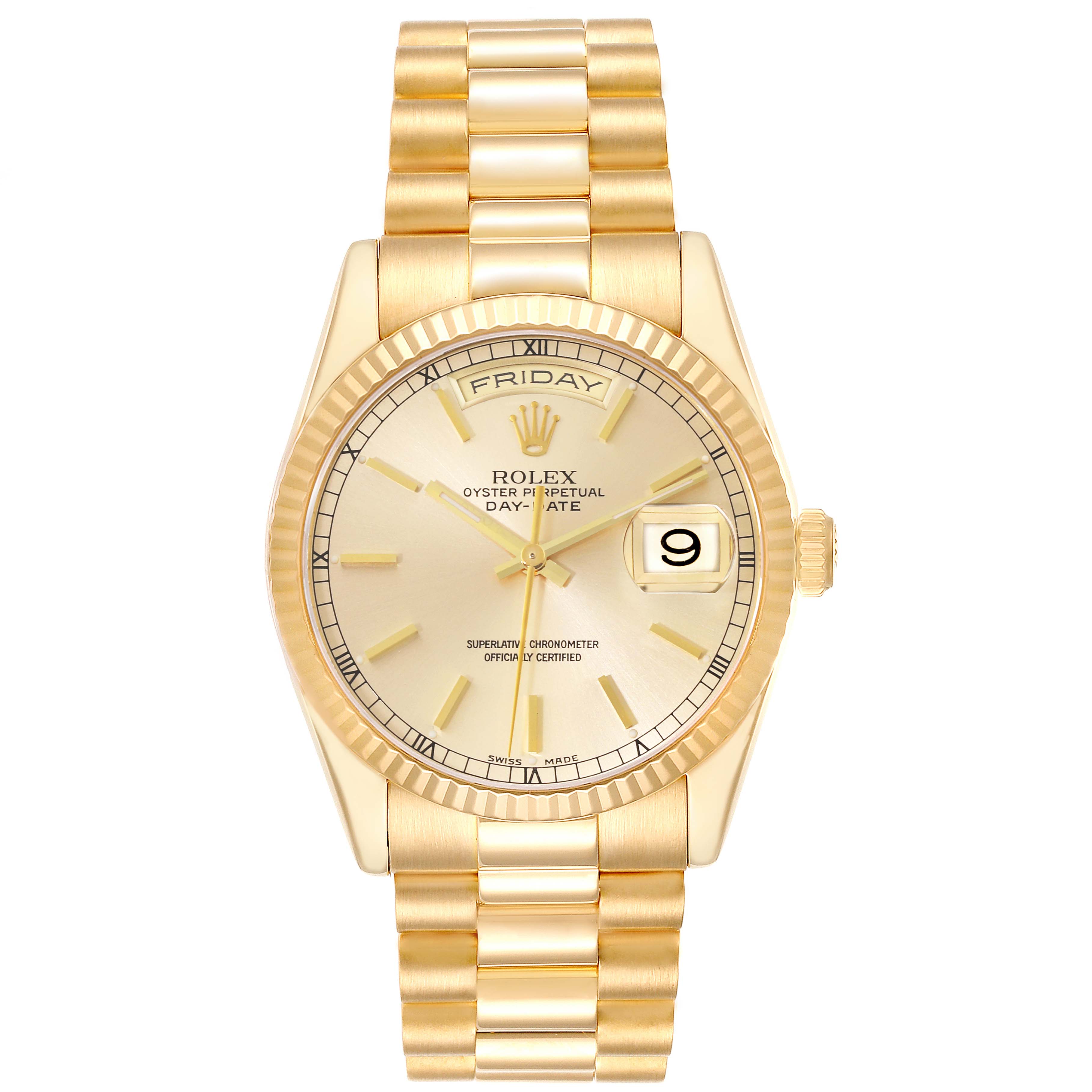 The Rolex President 118238 Men
s Yellow Gold Champagne Dial model is shown from the front, highlighting its face, bezel, and bracelet.