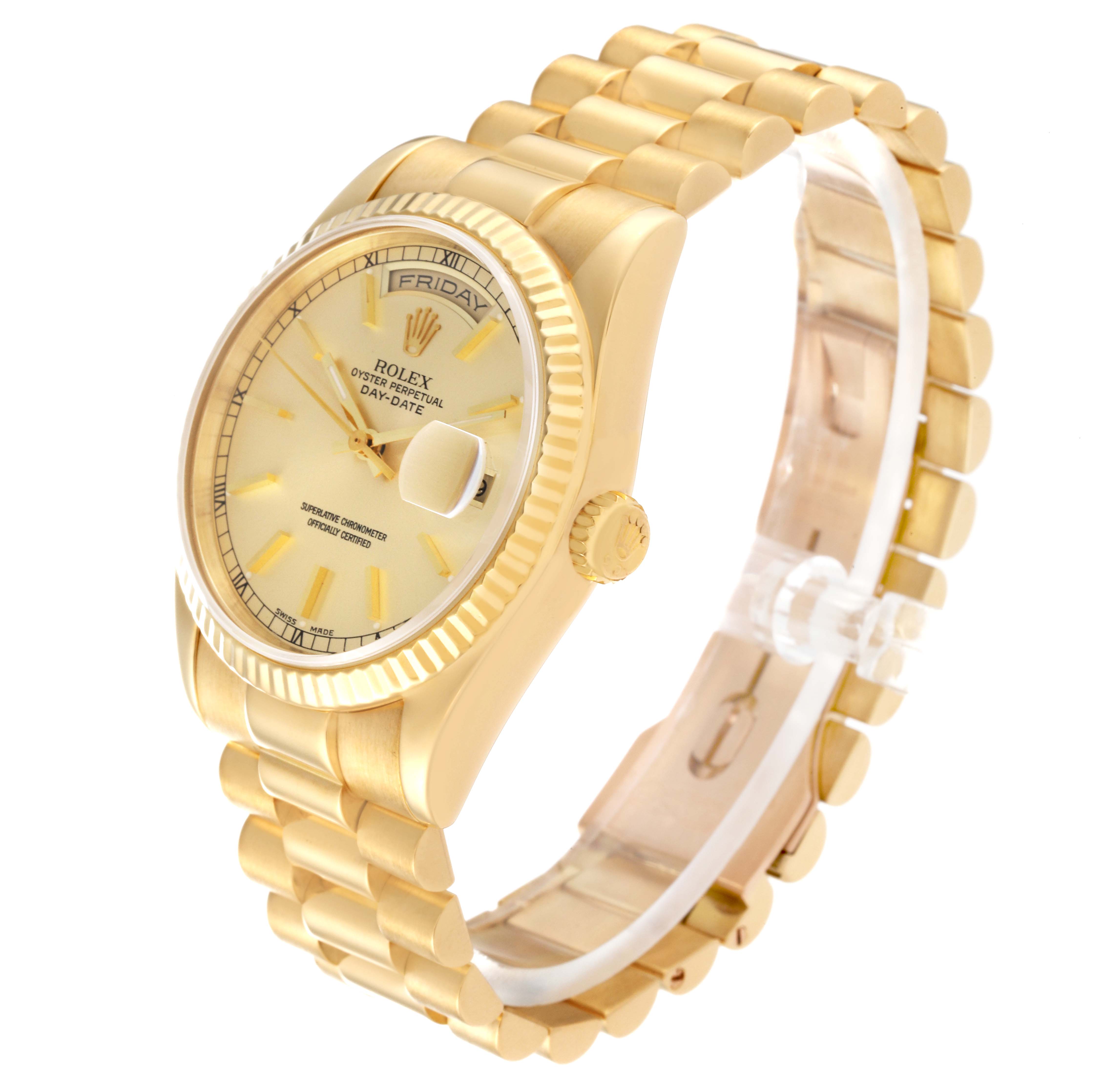 The Rolex President 118238 Men
s Yellow Gold Champagne Dial model watch is shown at a three-quarter angle, highlighting the face, bezel, and bracelet.
