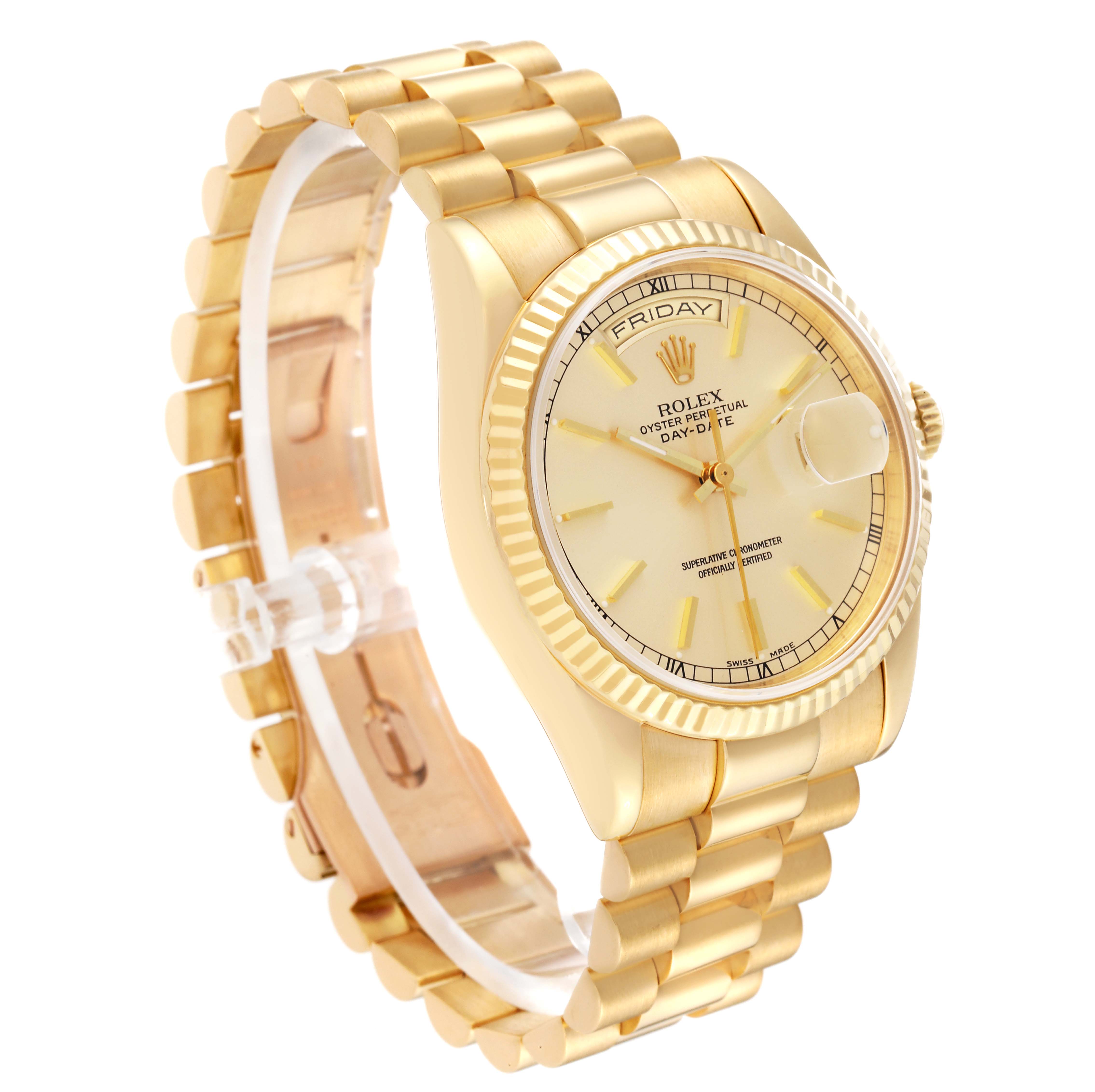 The image shows a Rolex President 118238 Men
s Yellow Gold Champagne Dial model watch at a three-quarter angle, highlighting the dial, bracelet, and fluted bezel.