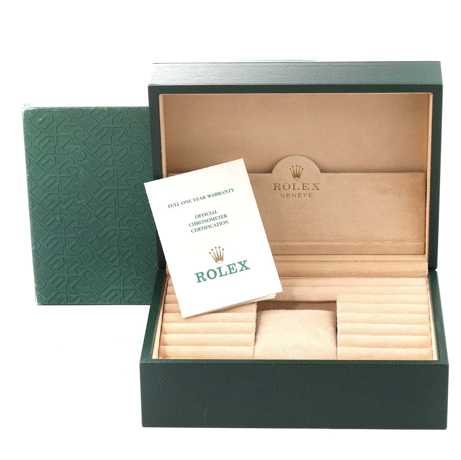 The image shows an open Rolex watch box with a certification card, designed for the President model.