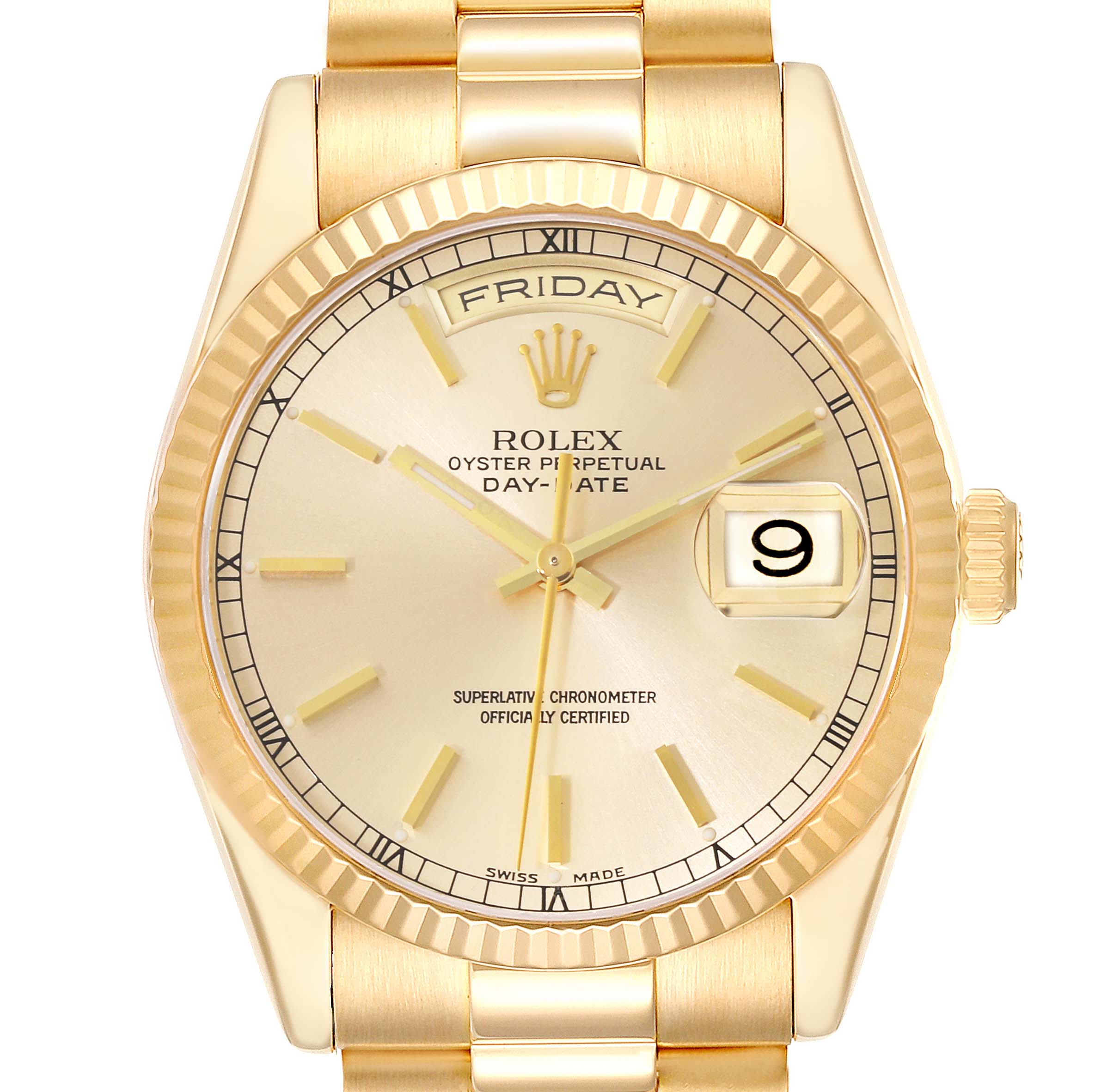 The Rolex President 118238 Men
s Yellow Gold Champagne Dial watch is shown from a front angle, highlighting the dial, day-date display, and gold bracelet.