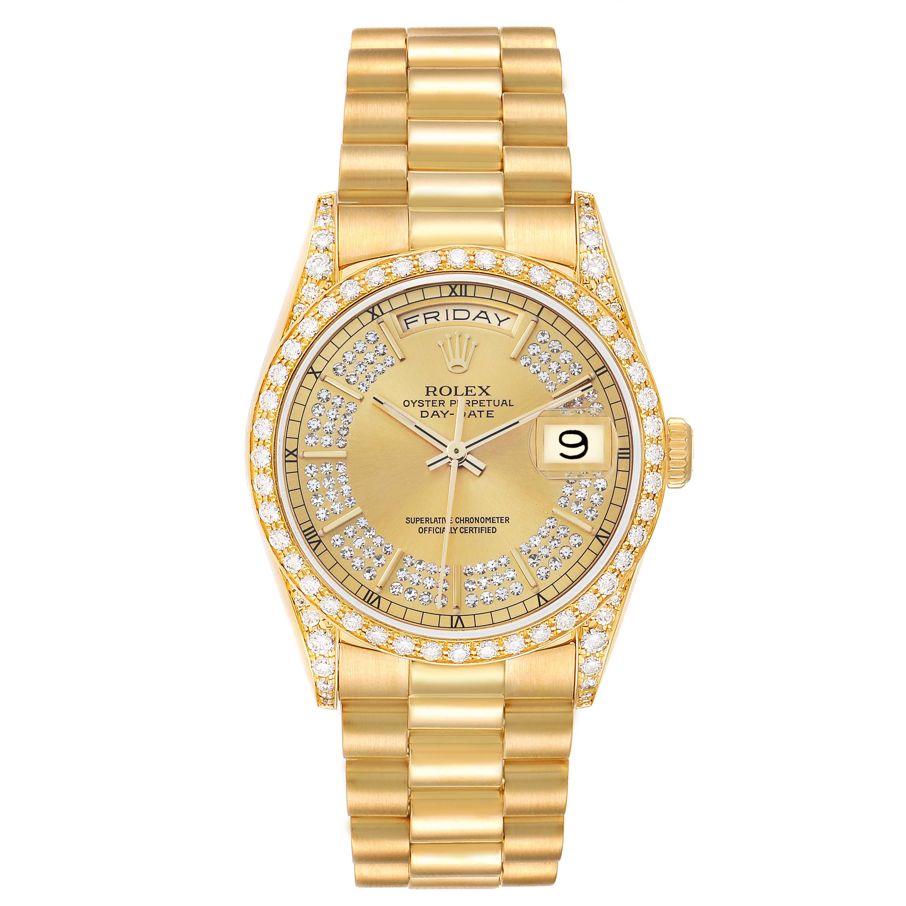 The Rolex President 18388 Men
s Yellow Gold Champagne Dial model watch is shown from a top view, displaying its gold bracelet, diamond bezel, and dial with day-date features.