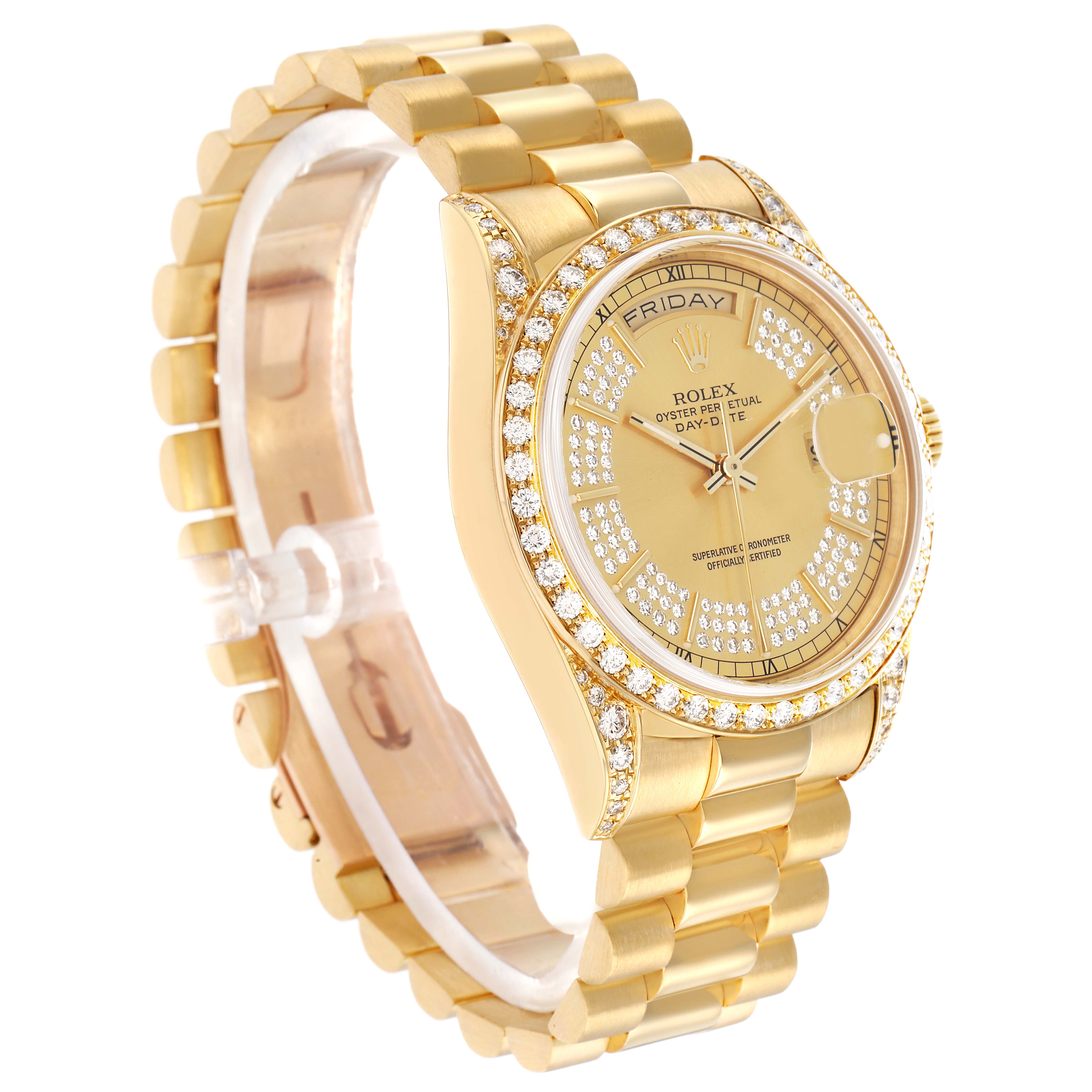 The Rolex President 18388 Men
s Yellow Gold Champagne Dial model watch is shown at a slight angle, displaying the bracelet, bezel, dial, and some of the case details.