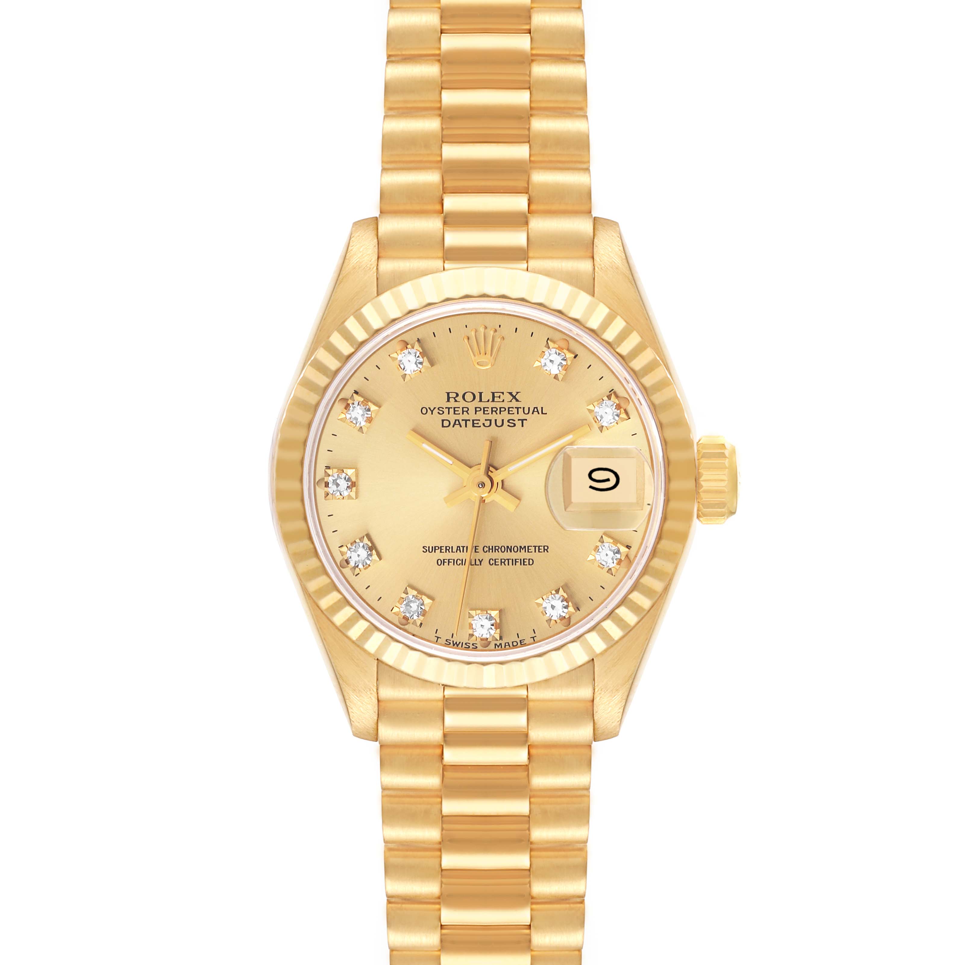 The image shows a Rolex President 69178 Women's Yellow Gold Champagne Dial 69178 Women's Yellow Gold Champagne Dial Datejust watch from a top-down angle, highlighting its gold bracelet, dial, and fluted bezel.
